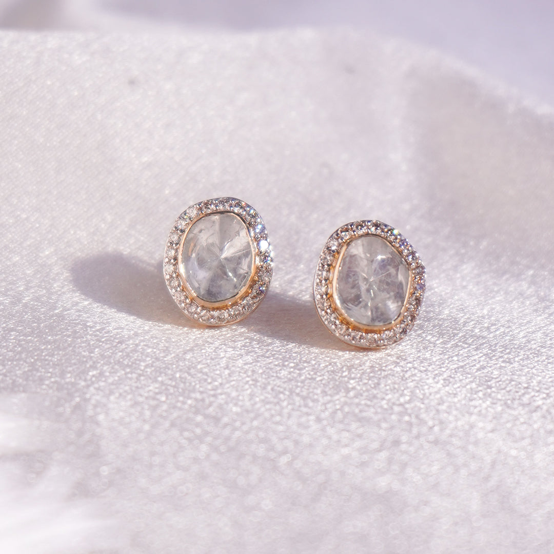 Elegant 14k gold Delicate Polki Diamond Studs with captivating circular design, two polkis, and dazzling diamonds.