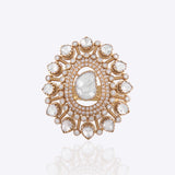14k gold Floral Polki diamond statement ring with handcrafted polki and diamond detailing.