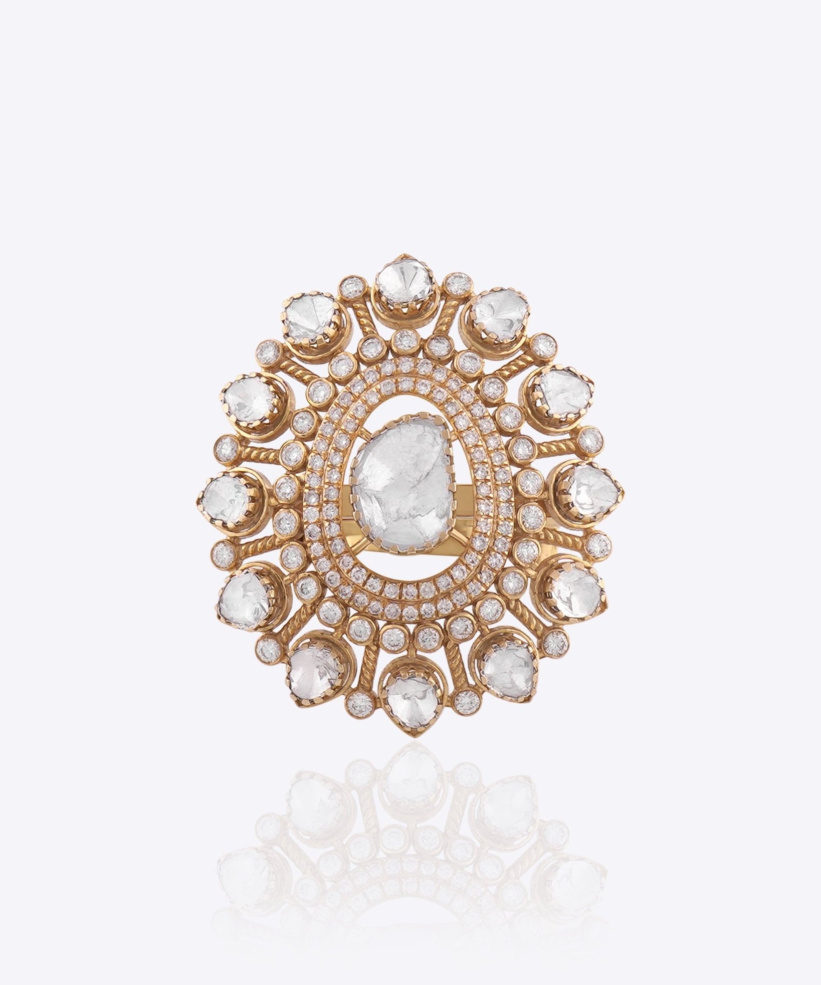 14k gold Floral Polki diamond statement ring with handcrafted polki and diamond detailing.