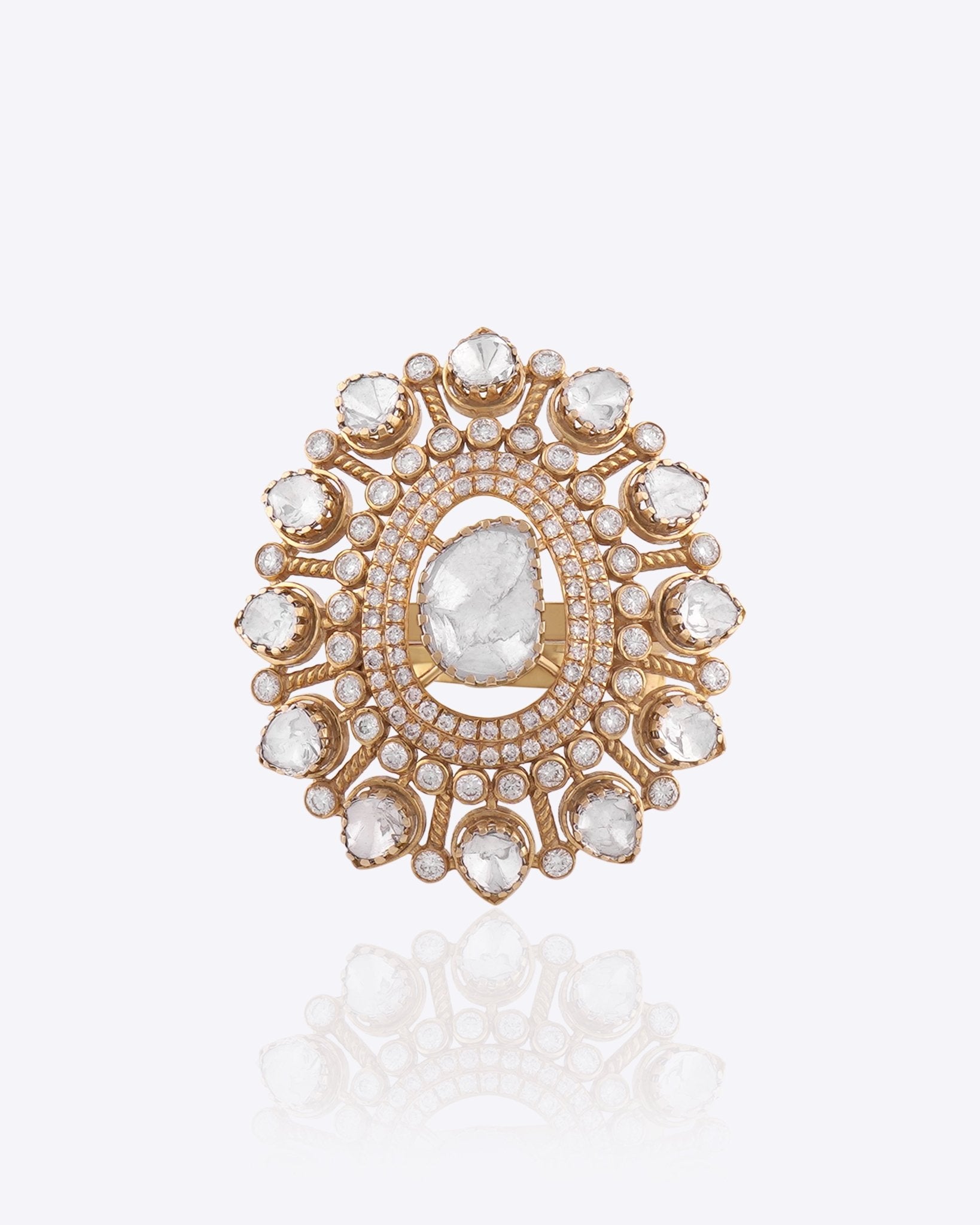 14k gold Floral Polki diamond statement ring with handcrafted polki and diamond detailing.