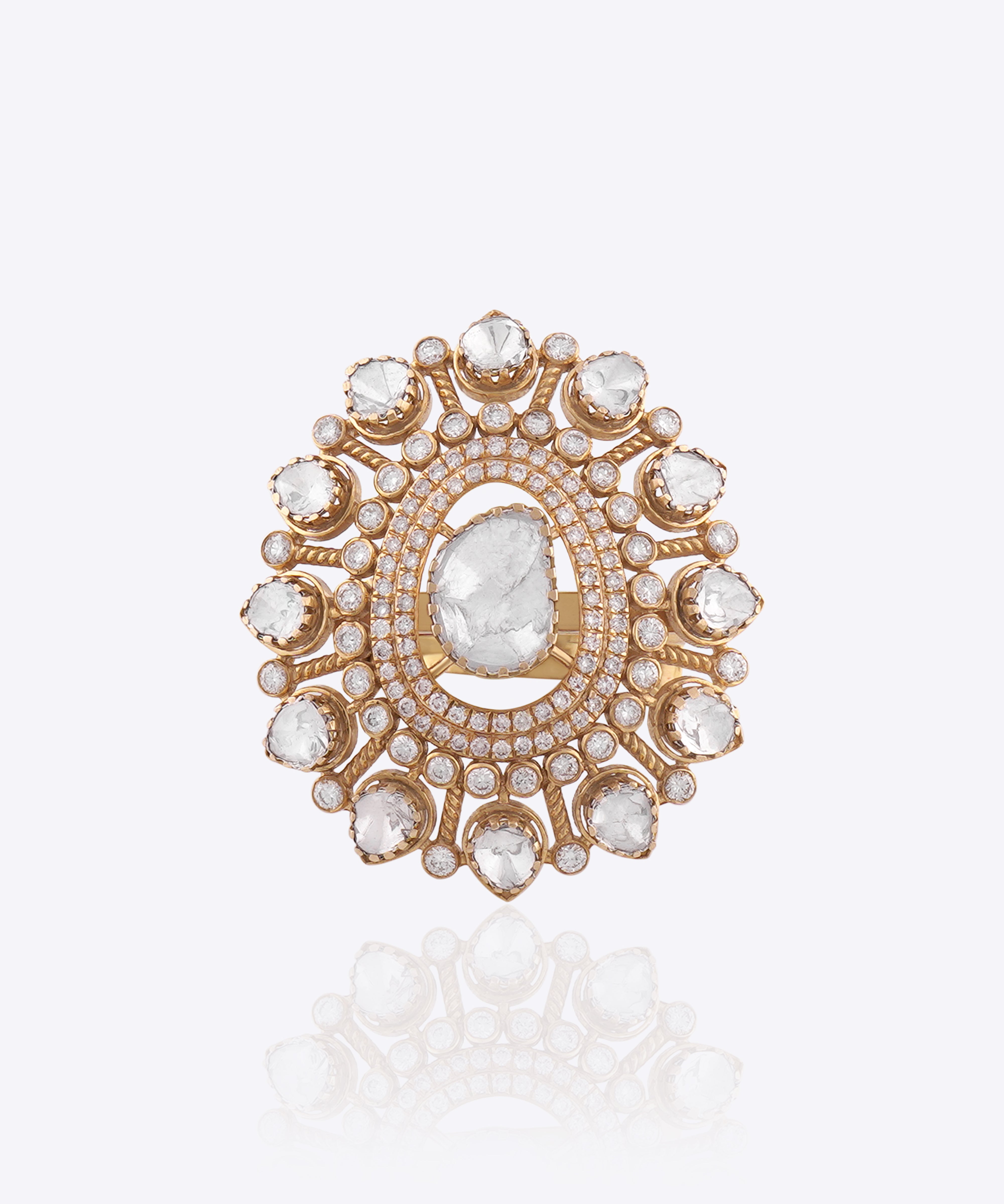 14k gold Floral Polki diamond statement ring with handcrafted polki and diamond detailing.