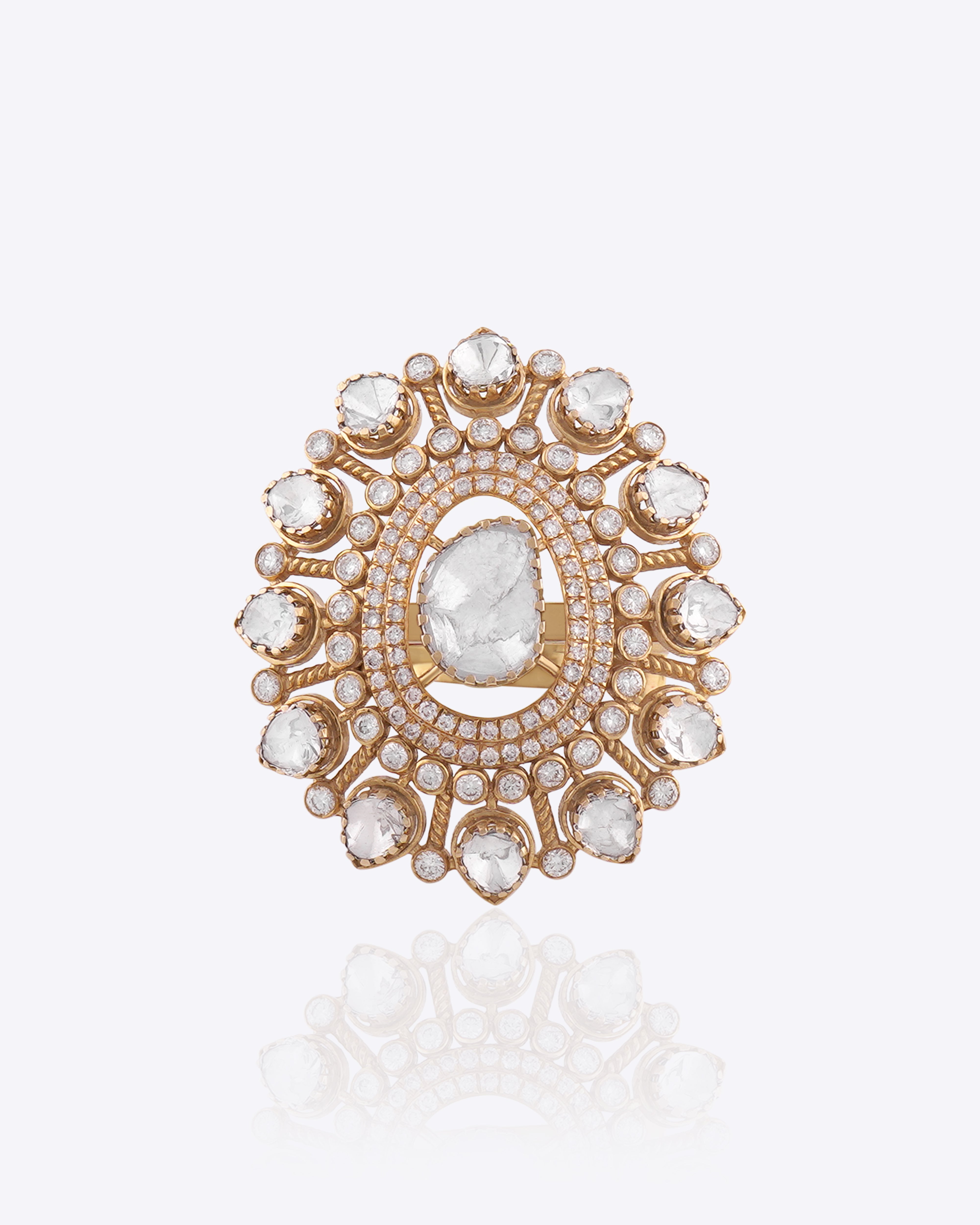14k gold Floral Polki diamond statement ring with handcrafted polki and diamond detailing.