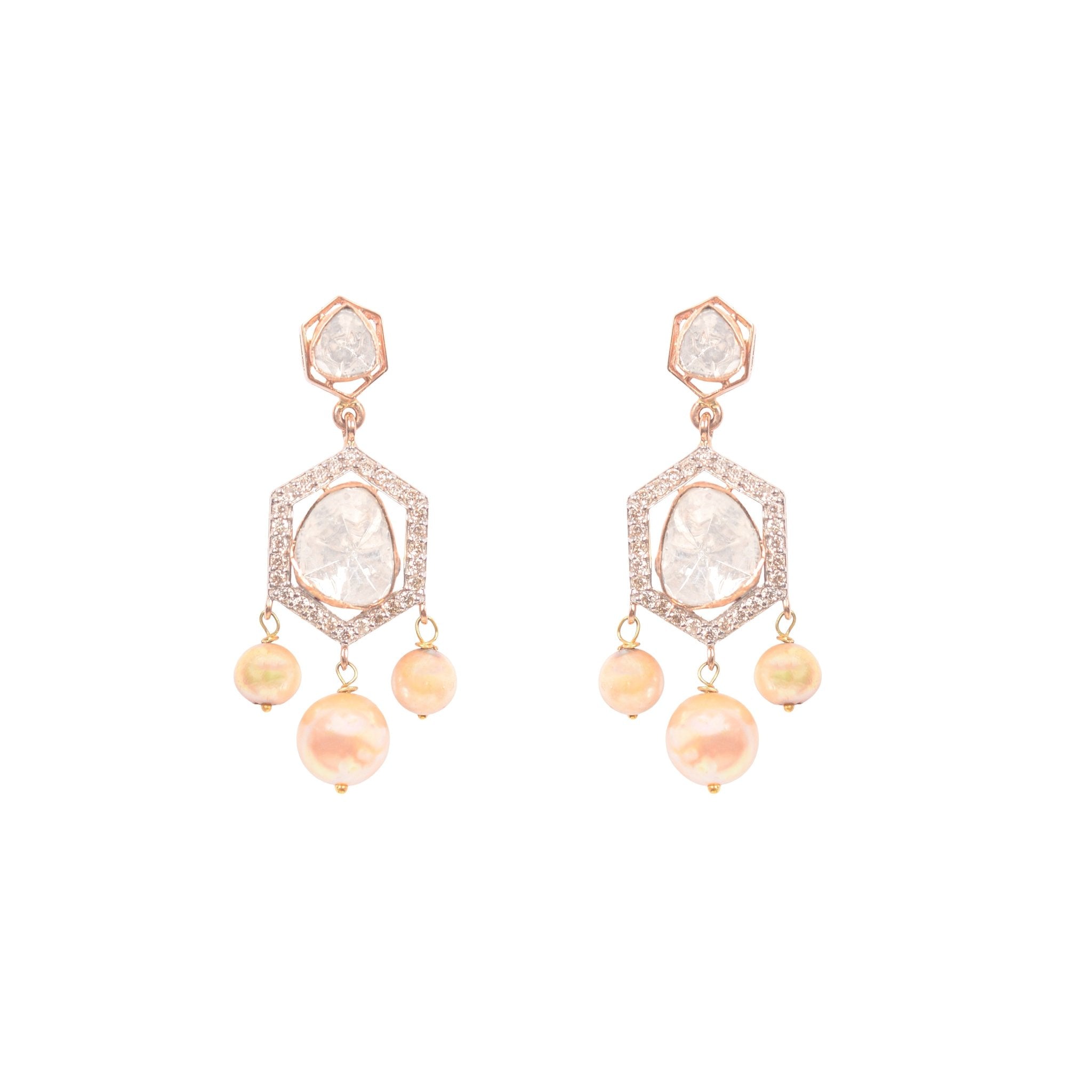 Jewellery image of pearl and Polki fusion in a wave-inspired frame.