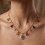 18k gold Navratna Grace necklace with colourful Navratna stones and drop detailing.