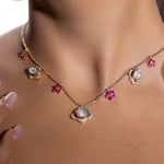 Blush Diamond Polki Necklace in 14k gold with polki sparkle and ruby florals.