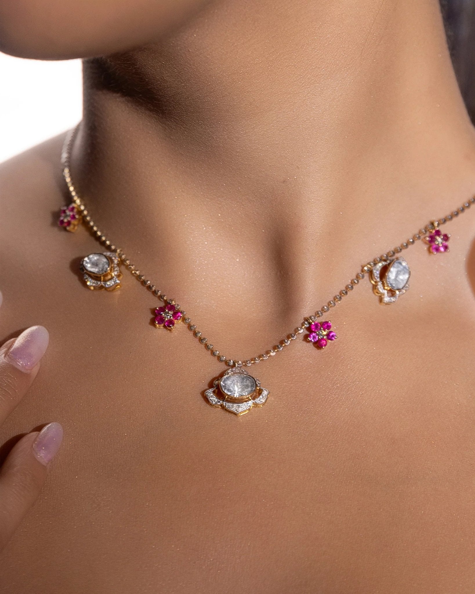 Blush Diamond Polki Necklace in 14k gold with polki sparkle and ruby florals.
