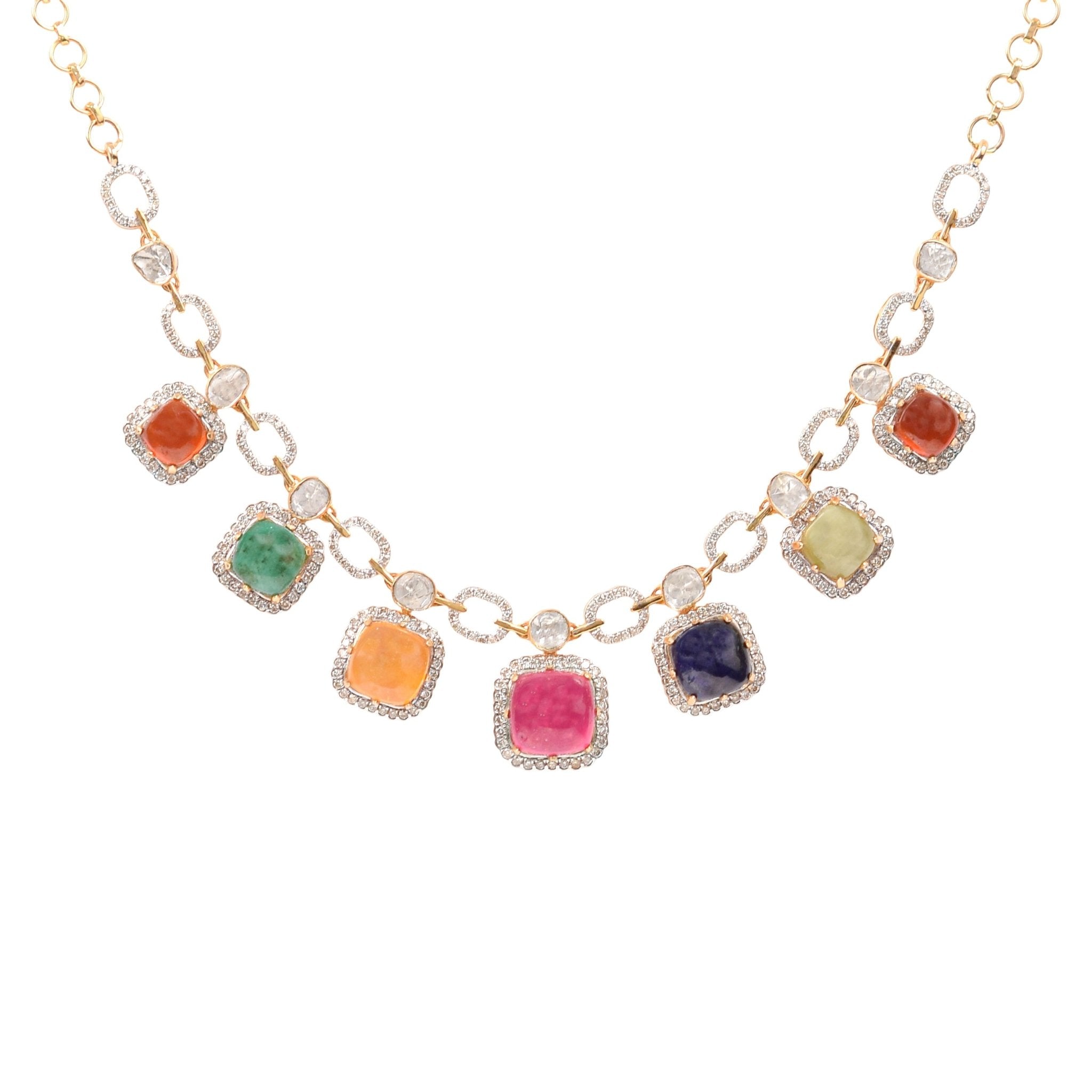 Multicolored mosaic Polki necklace with uncut diamonds in geometric setting