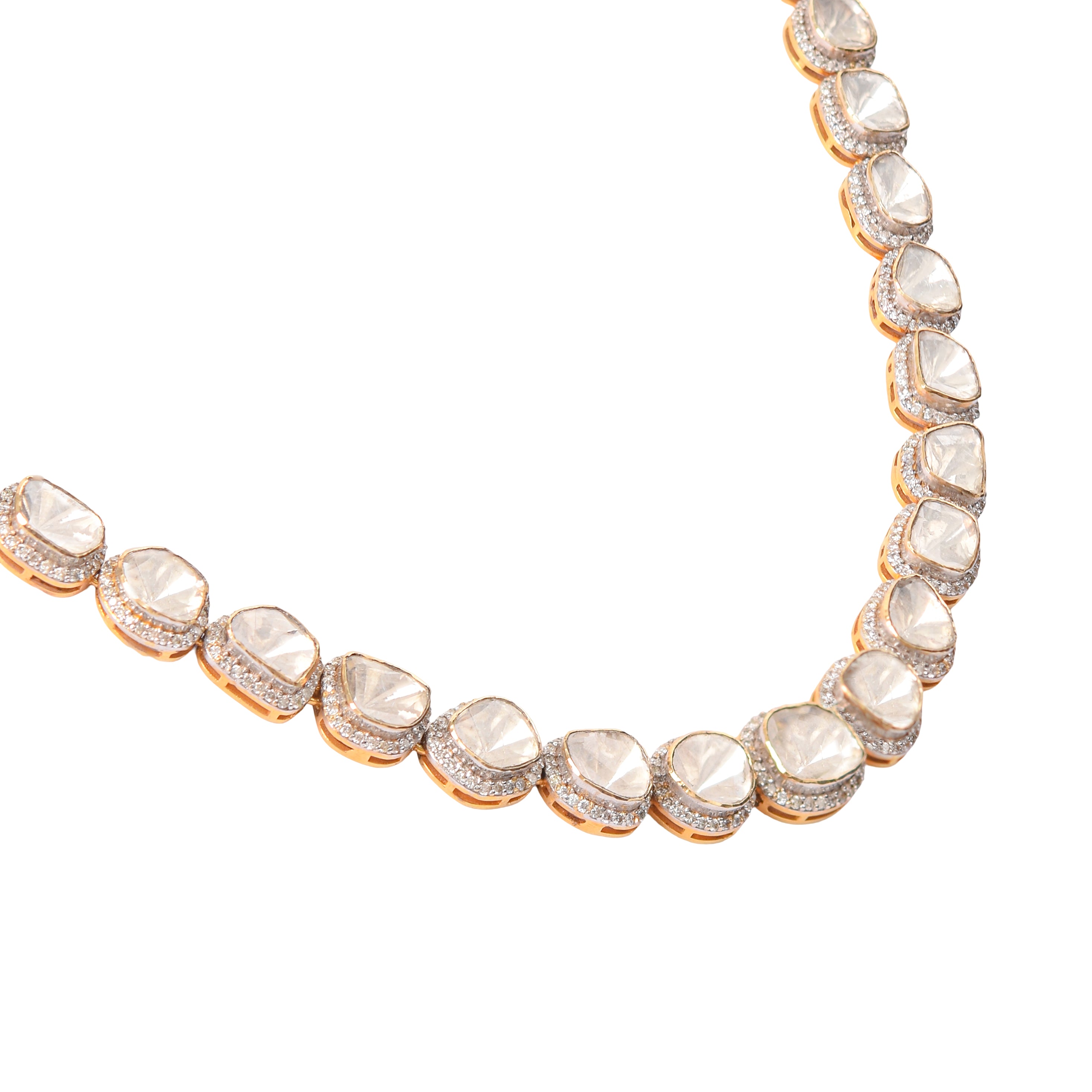 Timeless elegance with delicate polki encased in diamonds, lustrous 18k gold chain