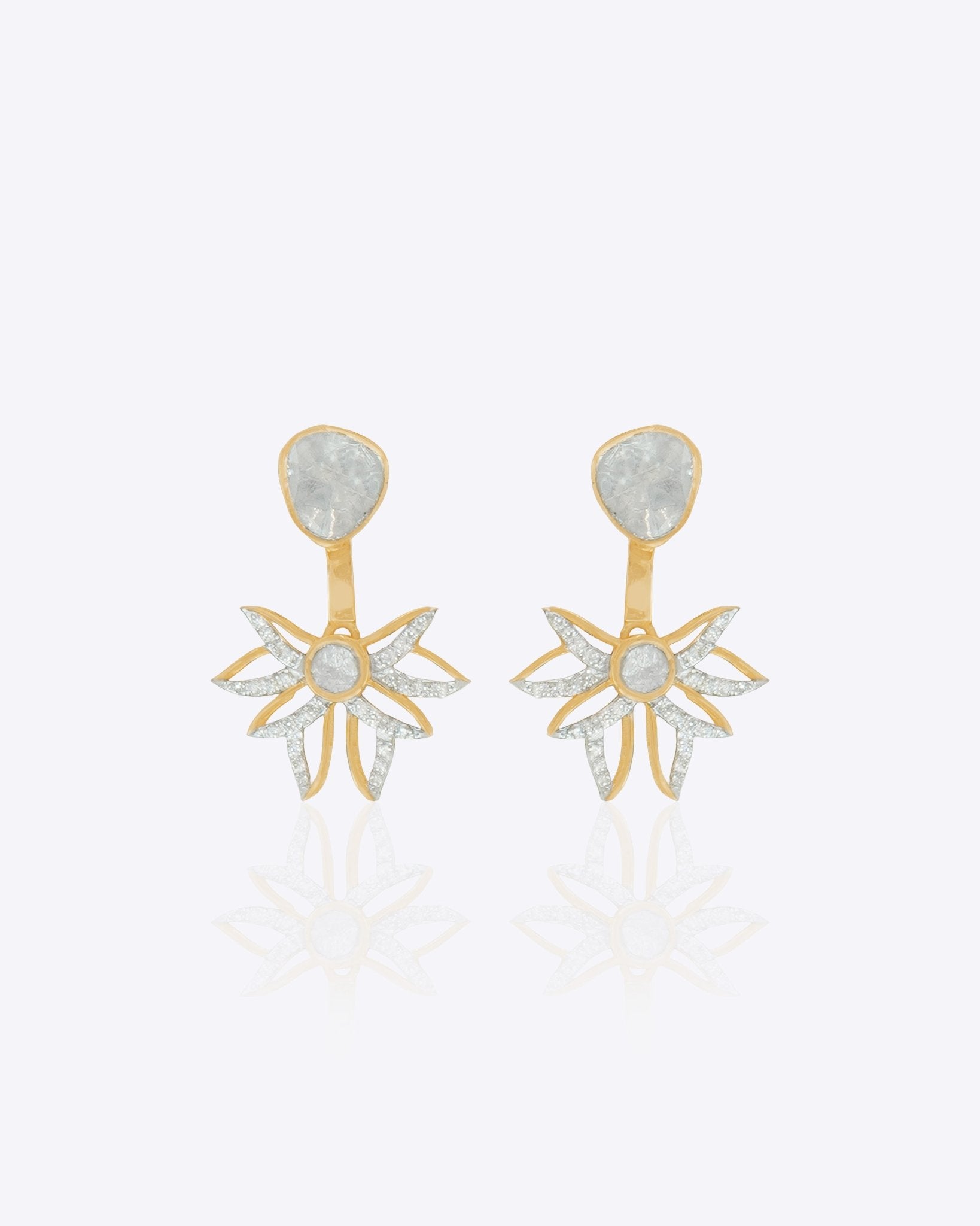 14K gold starburst-design jacket earrings set with Polki diamonds.