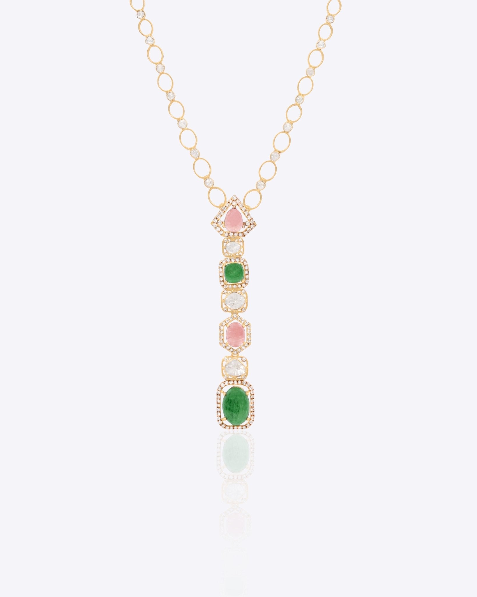 14k gold pendant with pink tourmaline, green aventurine, and Polki diamonds