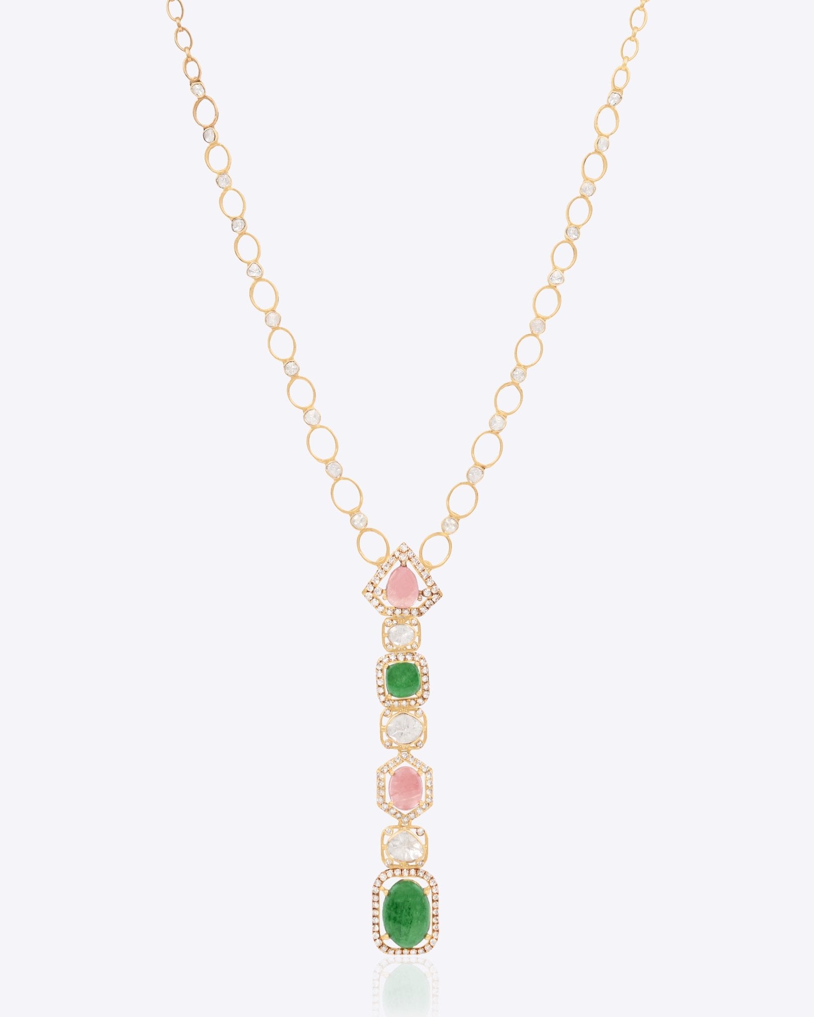 14k gold pendant with pink tourmaline, green aventurine, and Polki diamonds