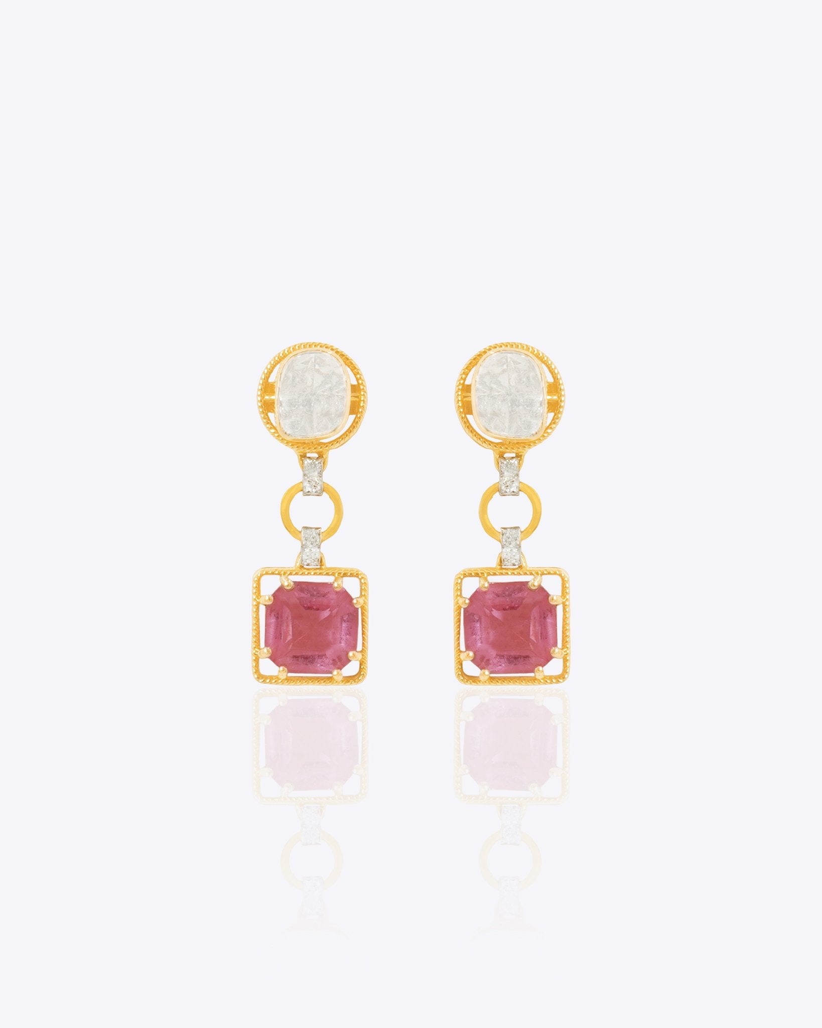 14K gold Pink Precision Earrings with Polki diamonds and a pink gemstone drop.