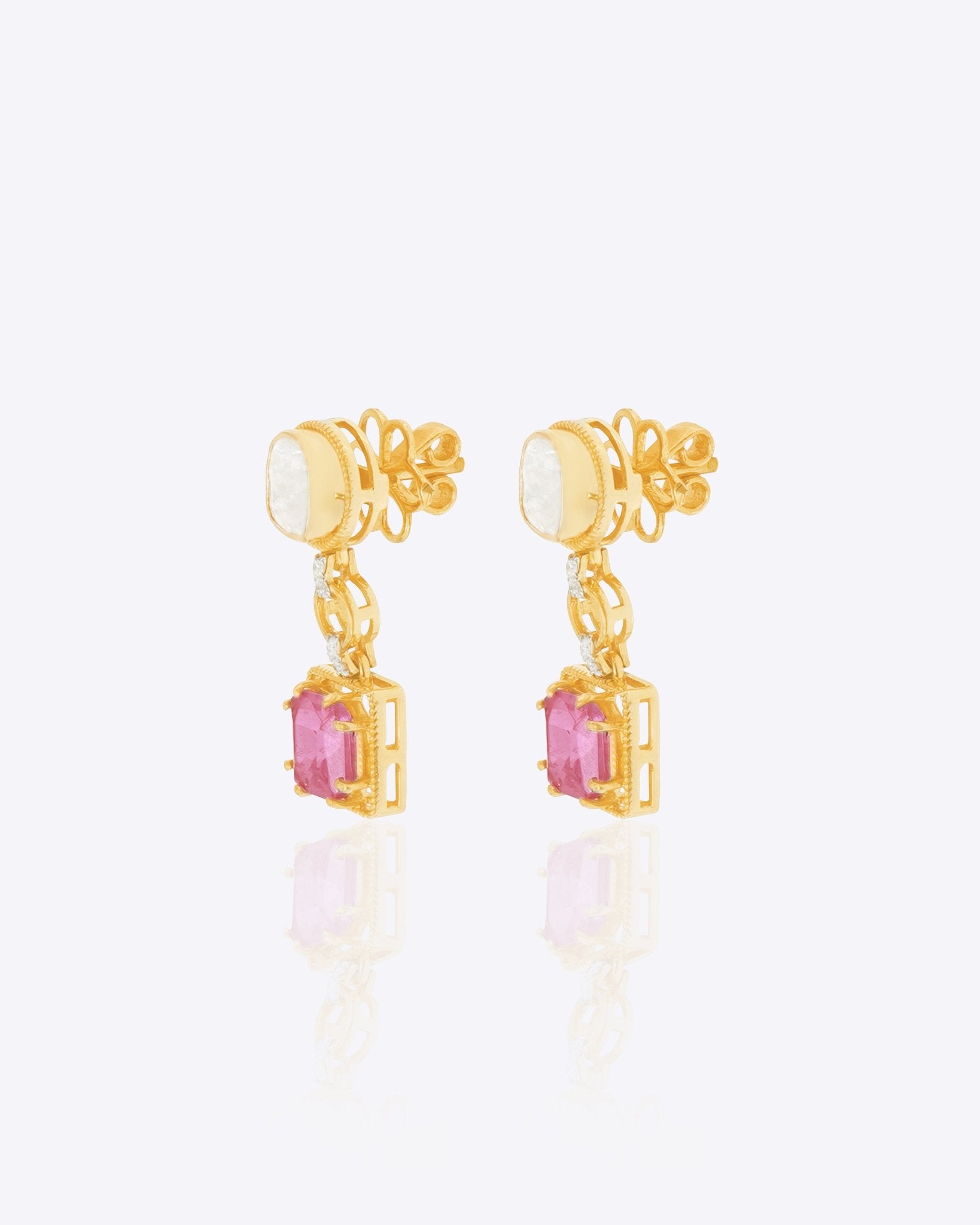 14K gold Pink Precision Earrings with Polki diamonds and a pink gemstone drop.