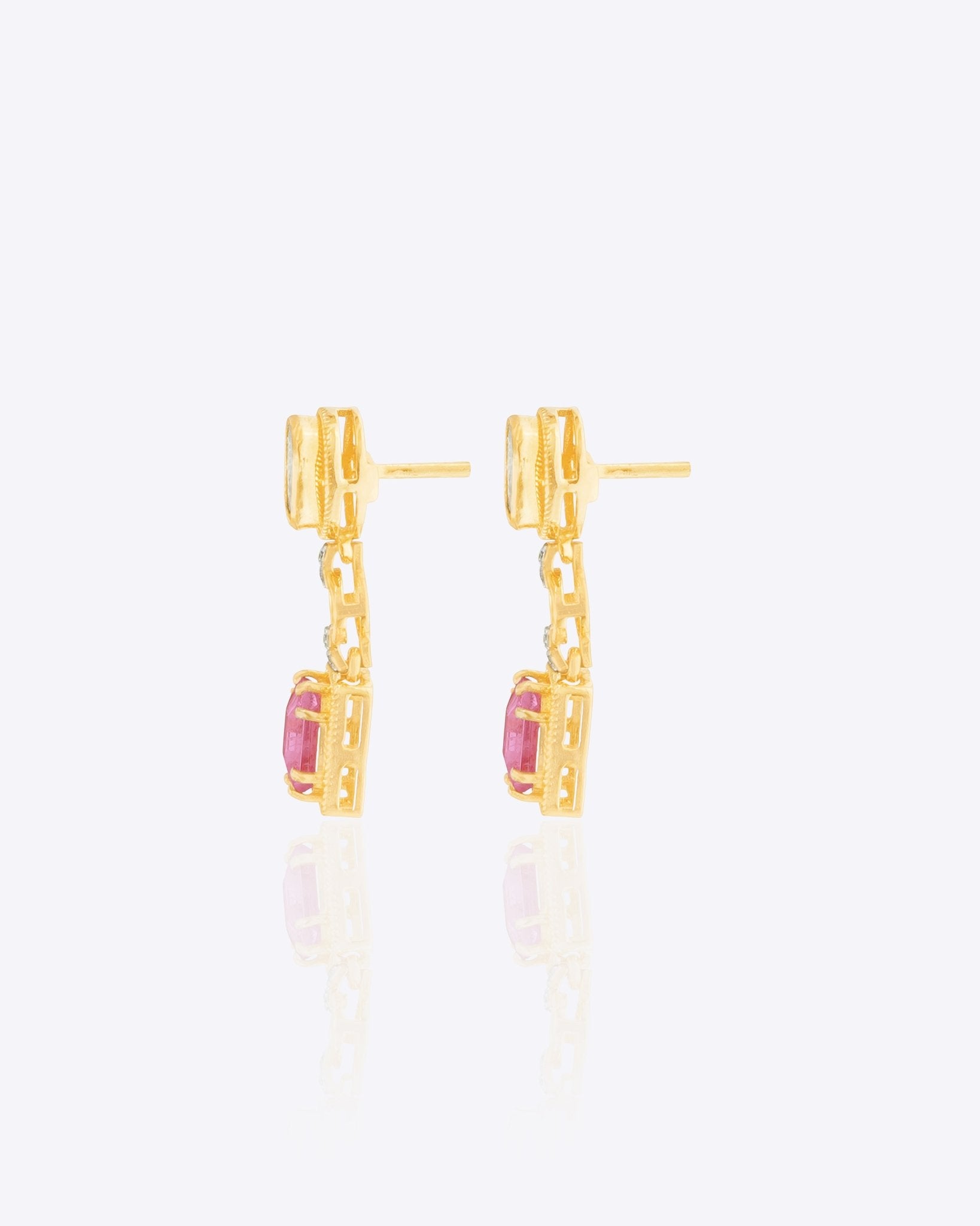 14K gold Pink Precision Earrings with Polki diamonds and a pink gemstone drop.