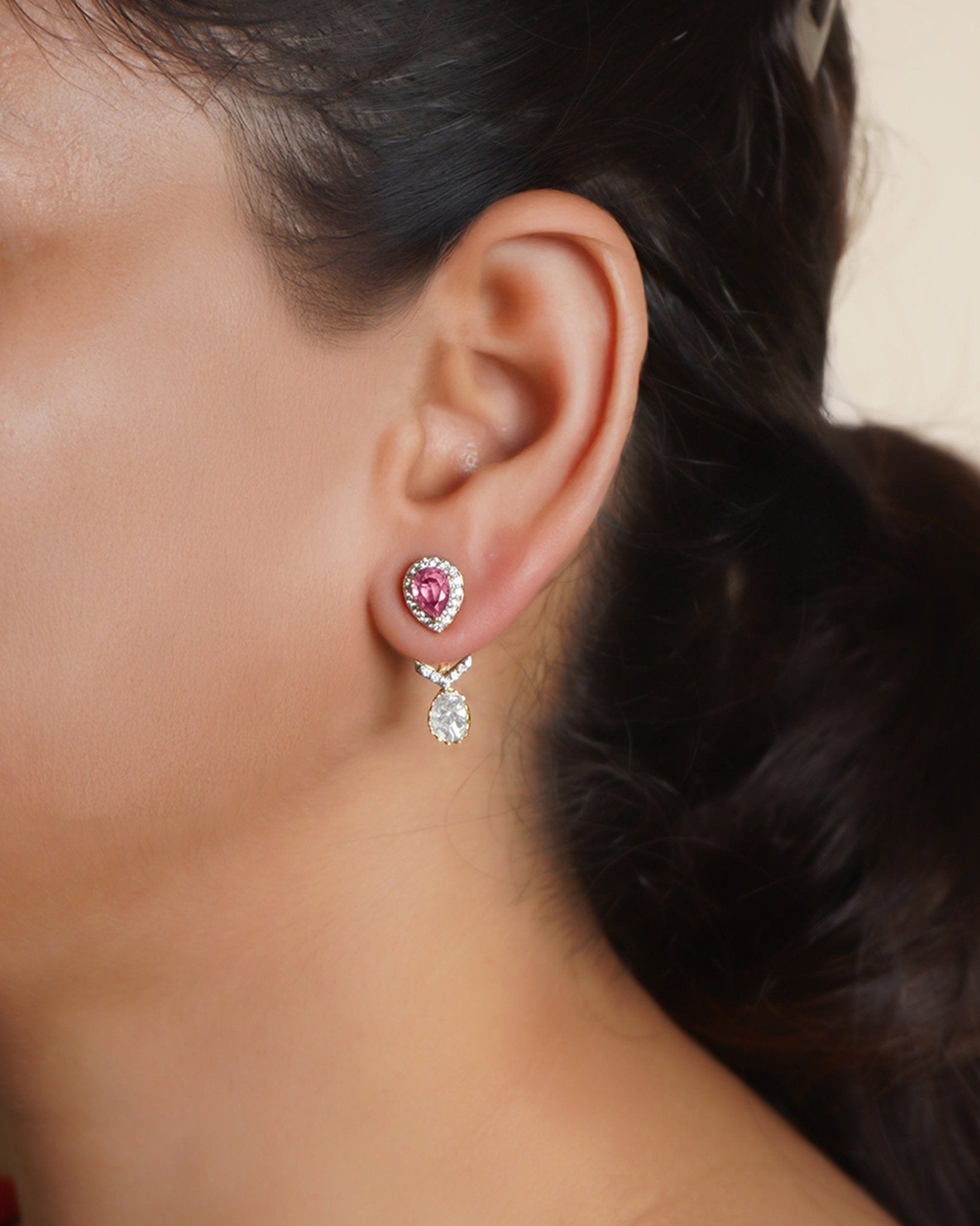14k gold jacket earrings with Polki and diamonds, wearable as studs or full jackets.