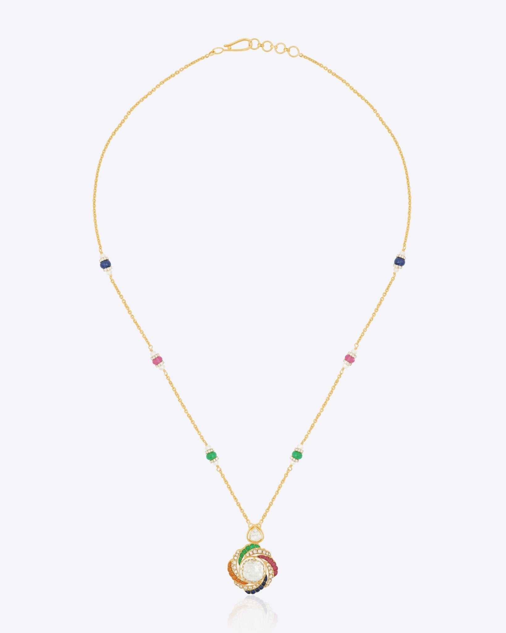 Rainbow Orbit Necklace in 14k gold with Polki, emerald, sapphire, and tourmaline beads