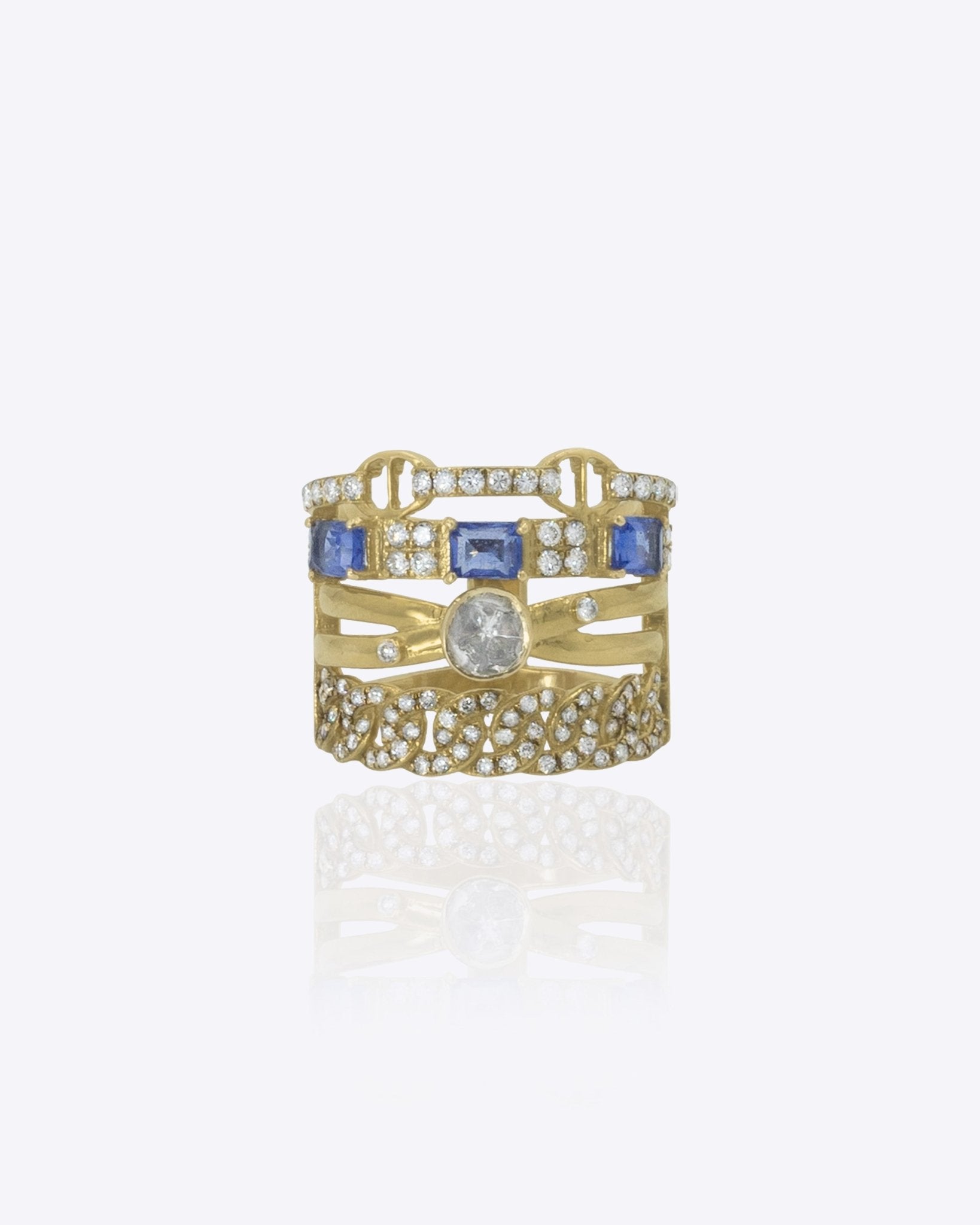 Quadrelle Layer Ring in 14K gold with Polki centerpiece and blue stone accents