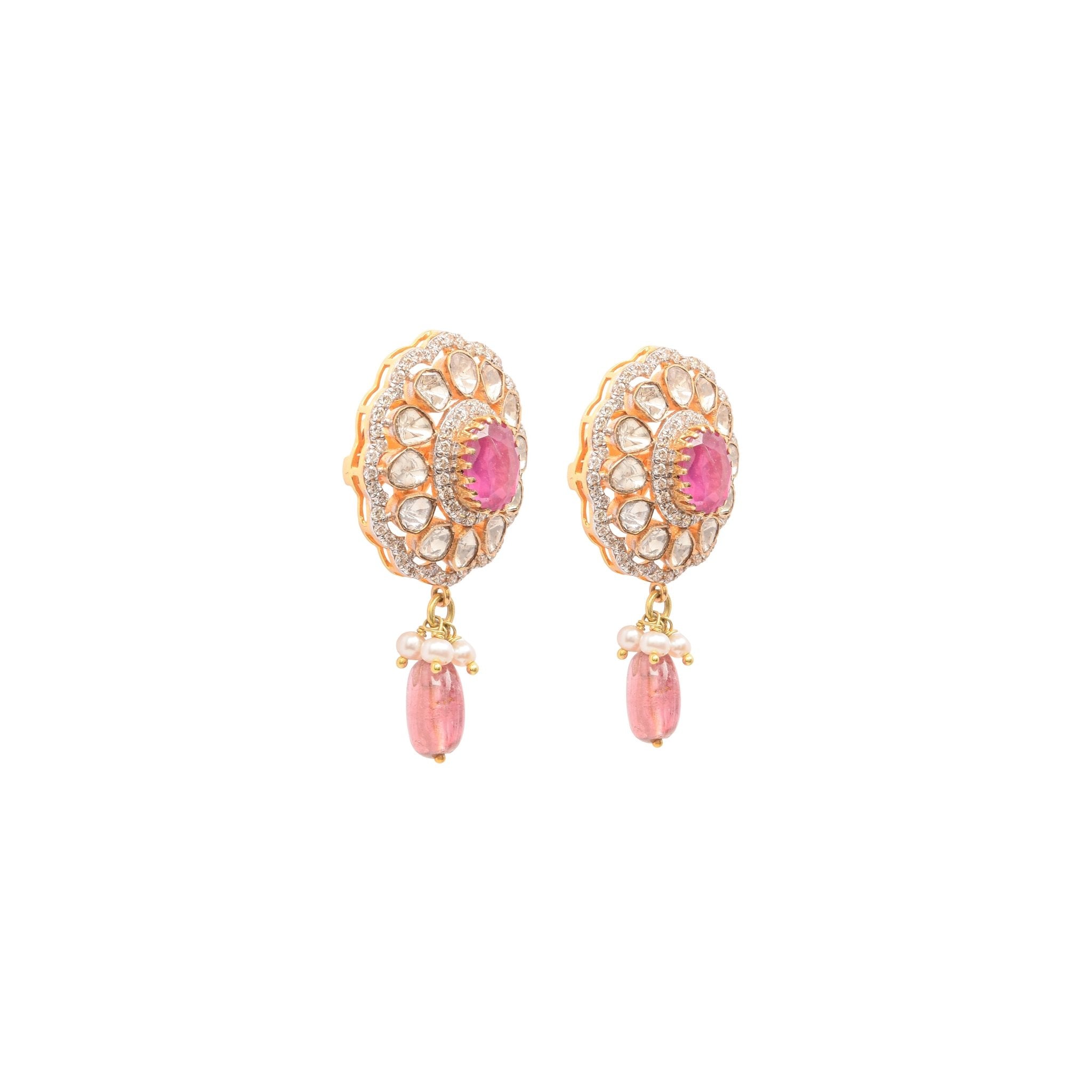 Ella earrings styled on model for cocktail reception, radiating heritage-polki glow.