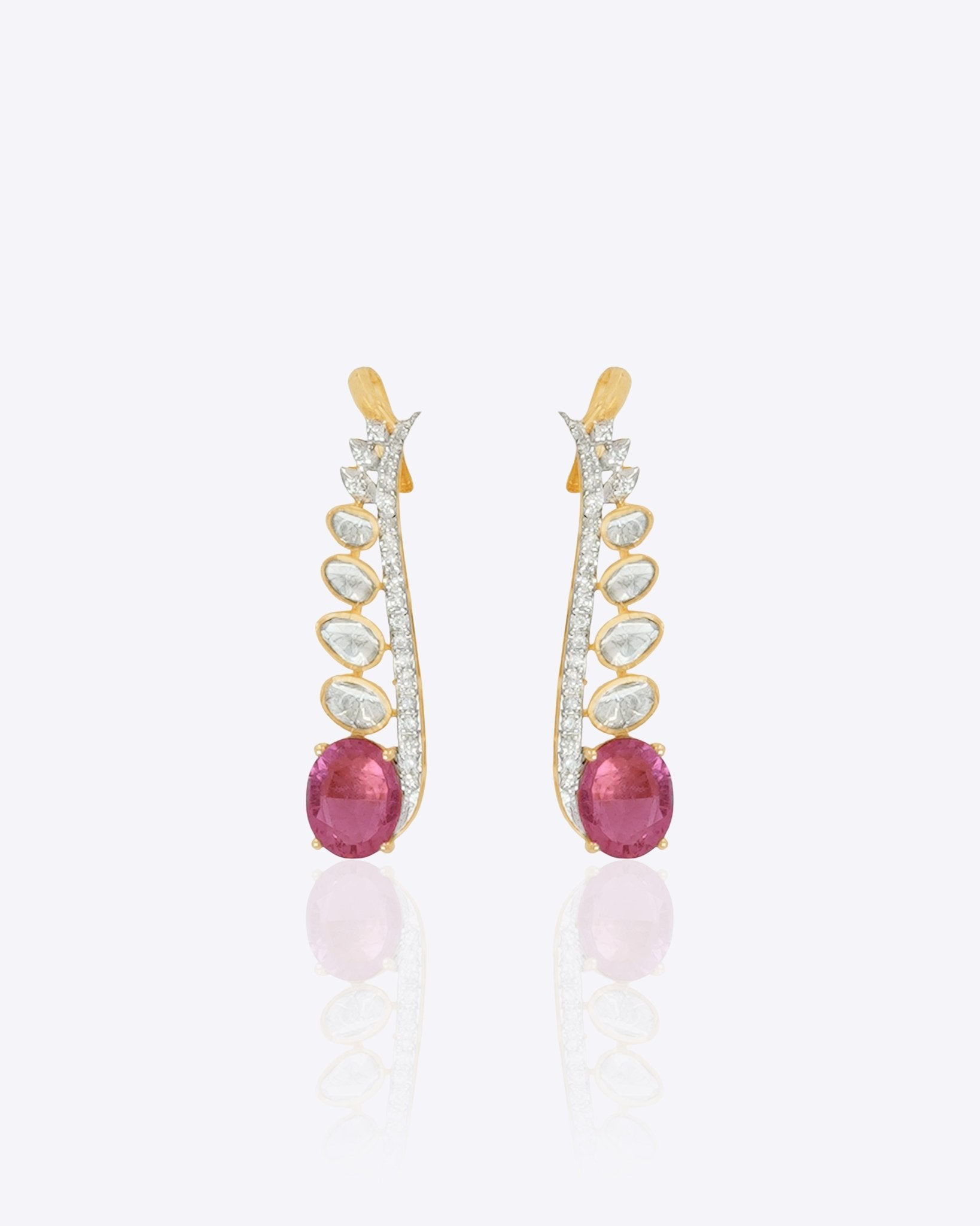 14k gold Pink Flame Earcuffs with Polki, diamonds, and a radiant pink gemstone.