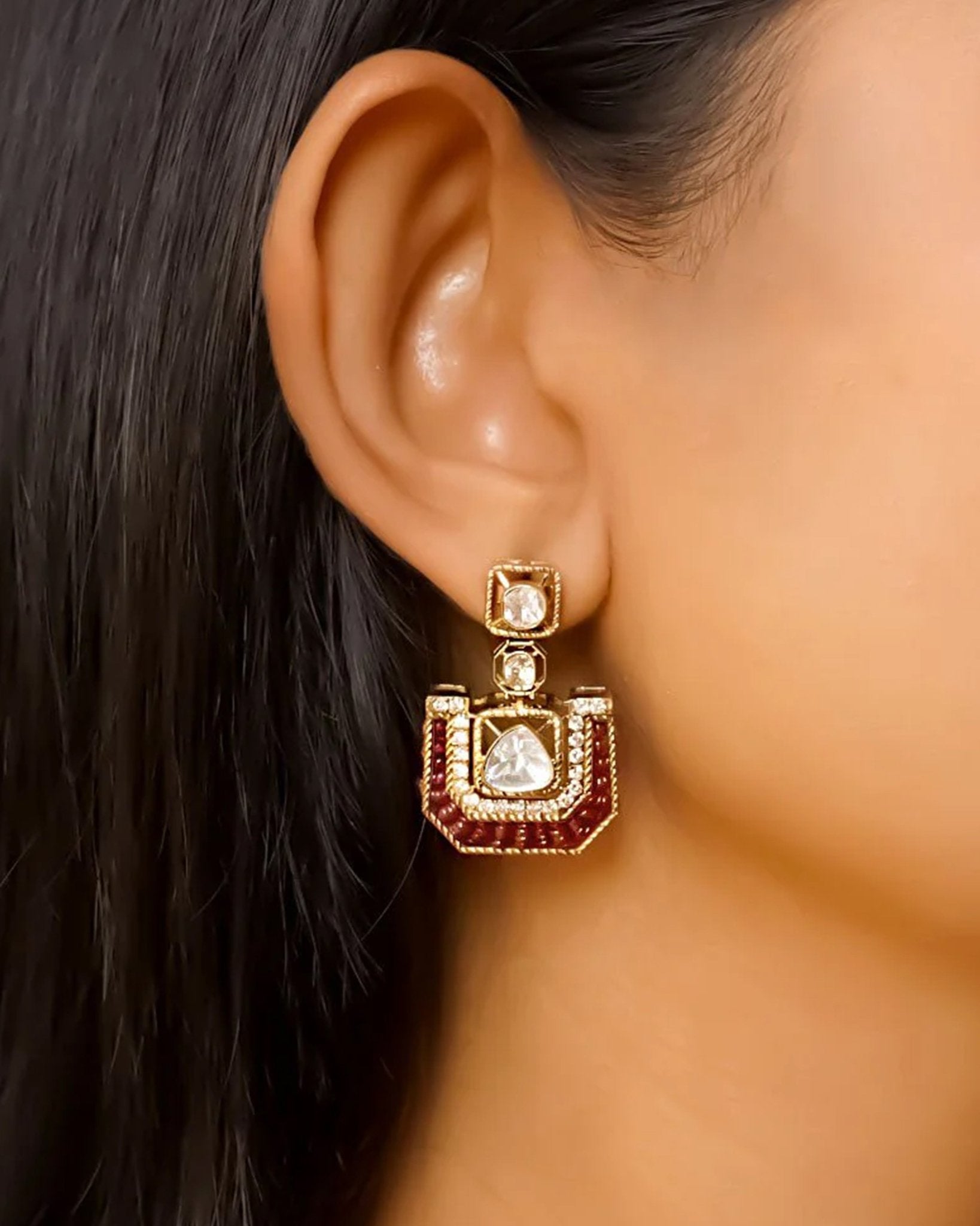 Rosewood Polki Diamond Earrings with scarlet threadwork and structured gold detailing