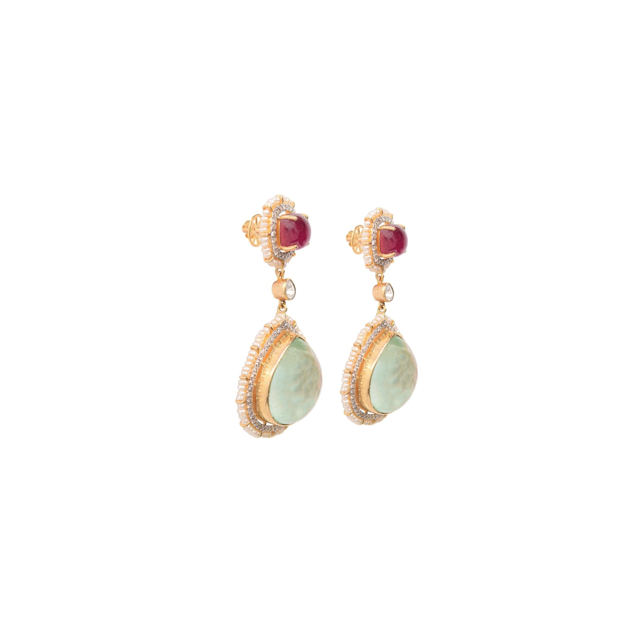 Love Fusion earrings styled with romantic modern saree, highlighting dual-tone finish.