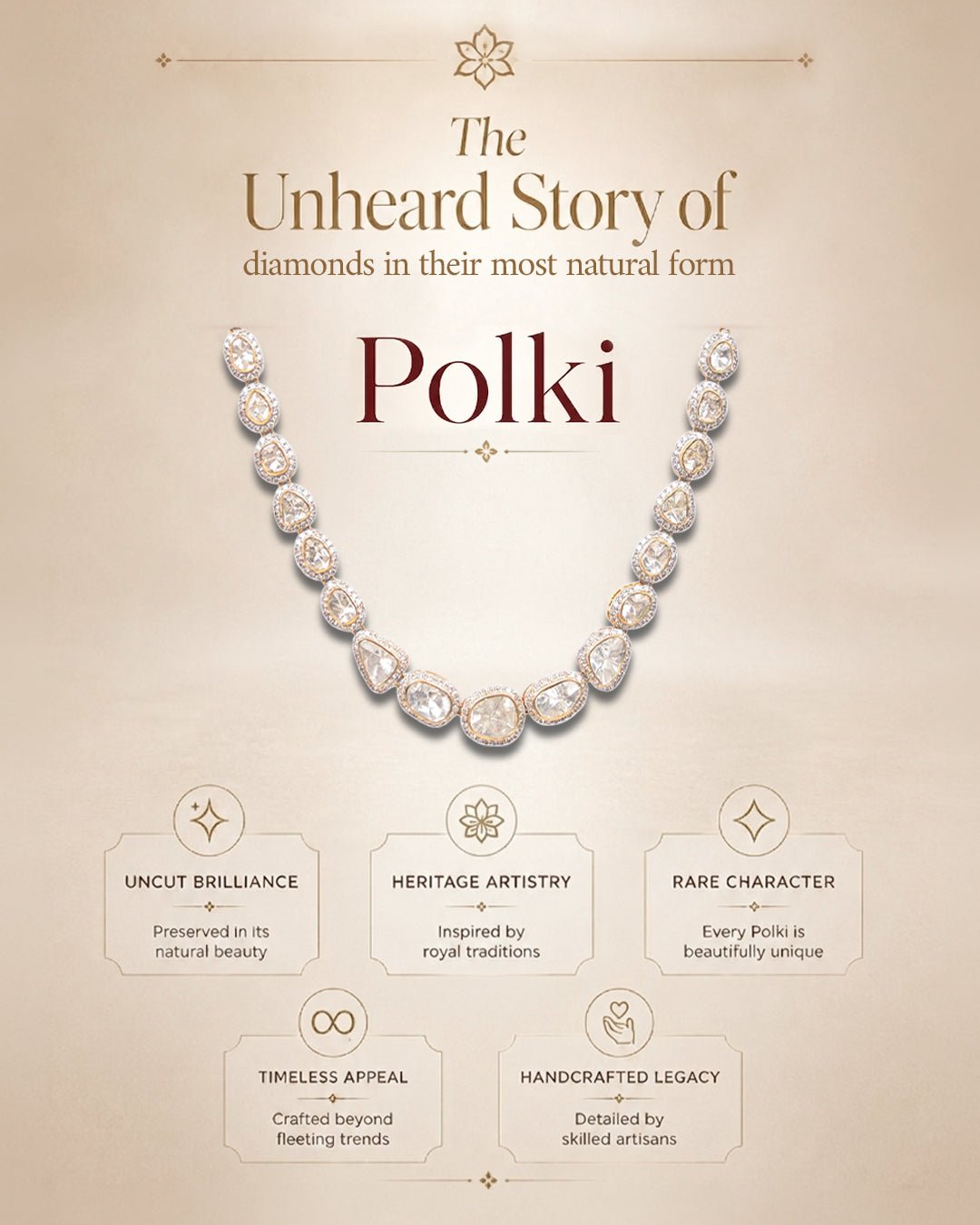 Educational banner explaining the beauty and artistry of Polki diamonds