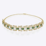 14K gold choker with square emeralds, Polki detailing, and diamond accents.