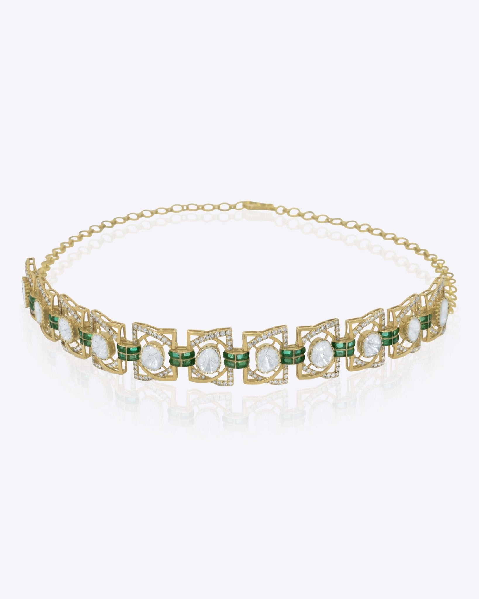 14K gold choker with square emeralds, Polki detailing, and diamond accents.