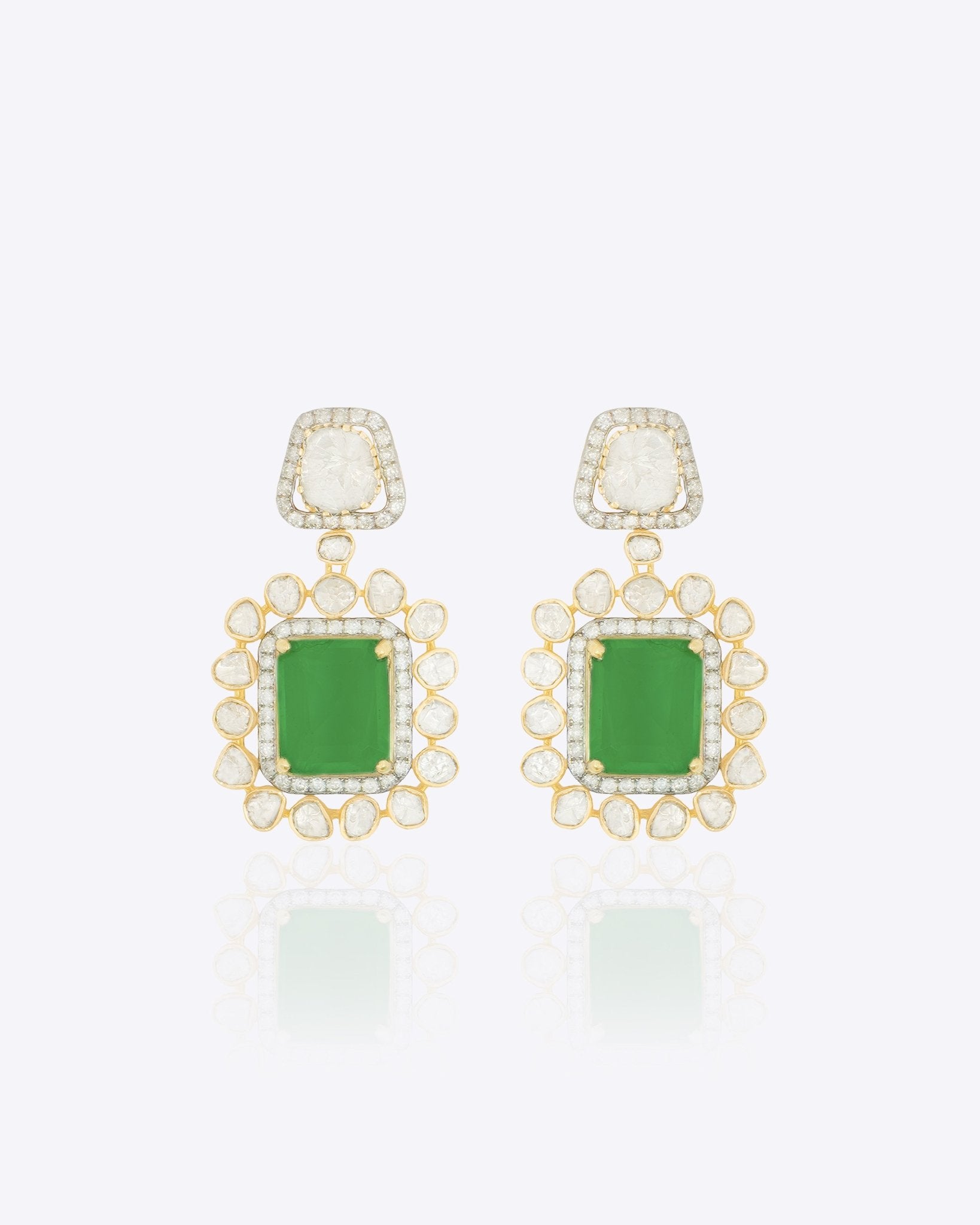 14K gold earrings with emeralds, Polki, and diamond accents