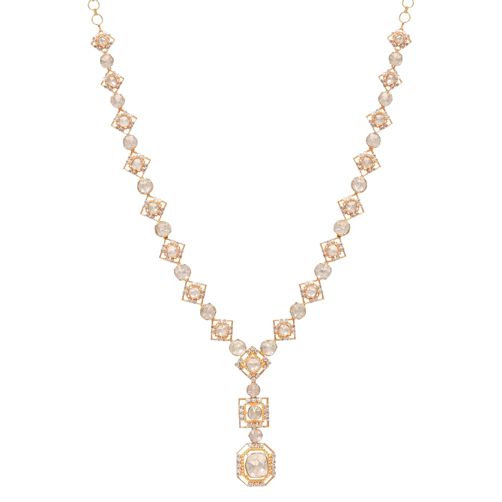 Geometric Polki diamond necklace with square and round stones in 14K gold