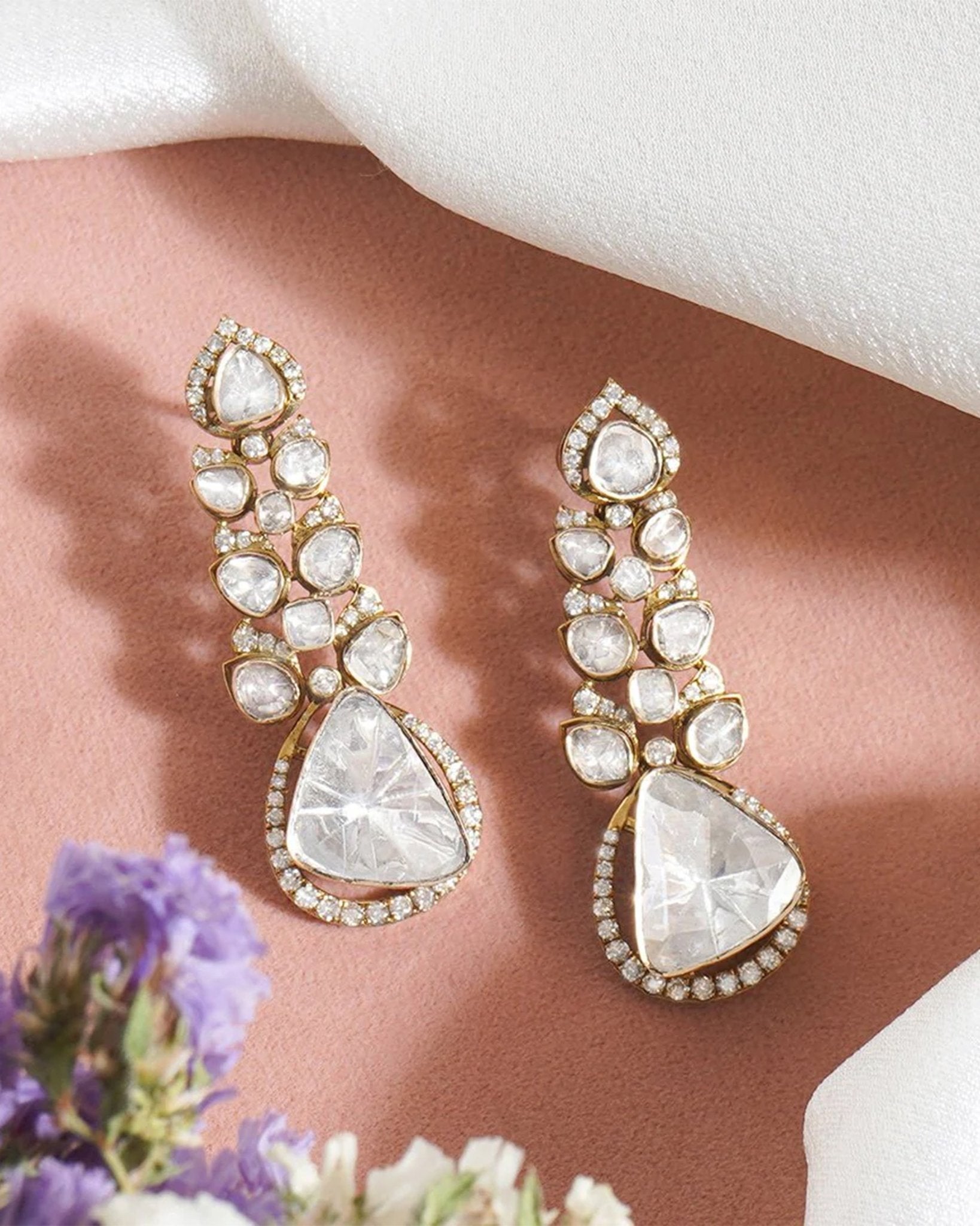 Talia Polki Diamond Earrings in 14k gold with cascading Polki and a teardrop centrepiece.