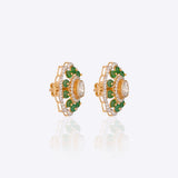 14K gold floral drop earrings set with Polki diamonds and emerald accents.