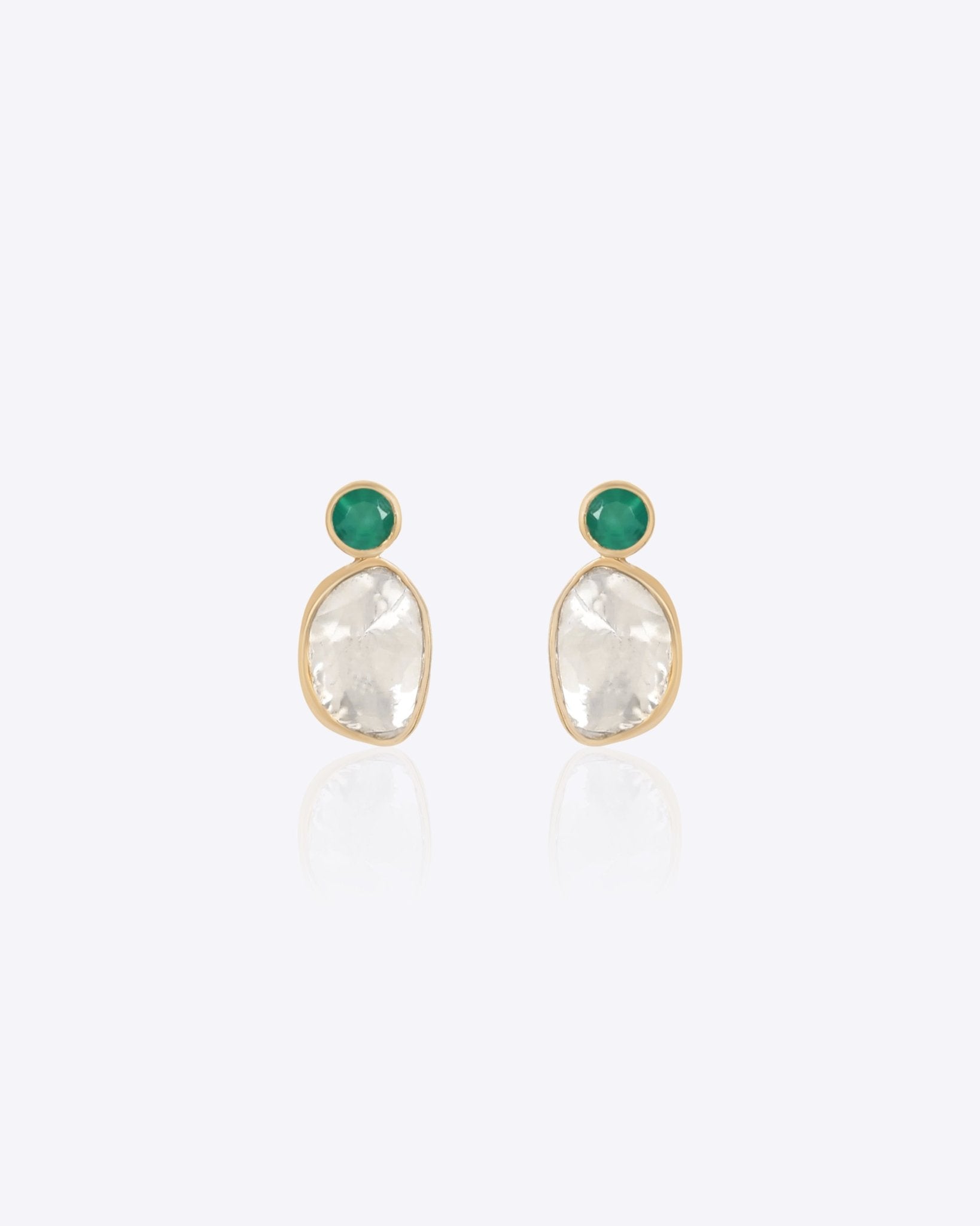 18K gold earrings with Polki diamonds and green onyx accents.