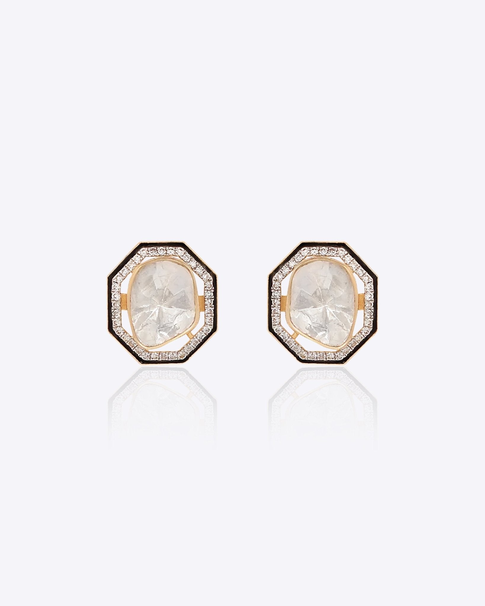 Regal Polki Diamond Enamel Ear Studs in 14K gold with bold black enamel detailing