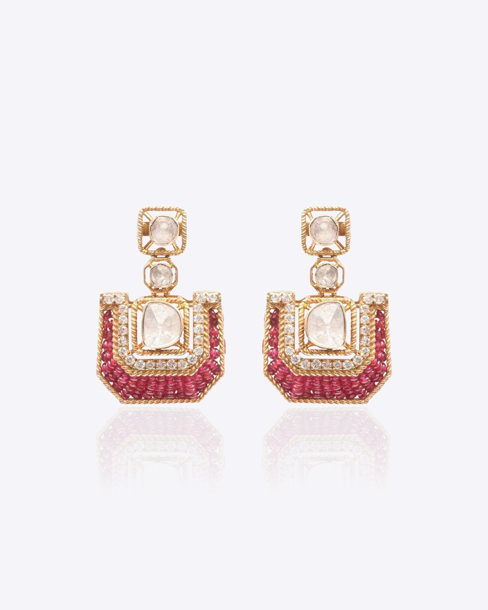 Rosewood Polki Diamond Earrings with scarlet threadwork and structured gold detailing