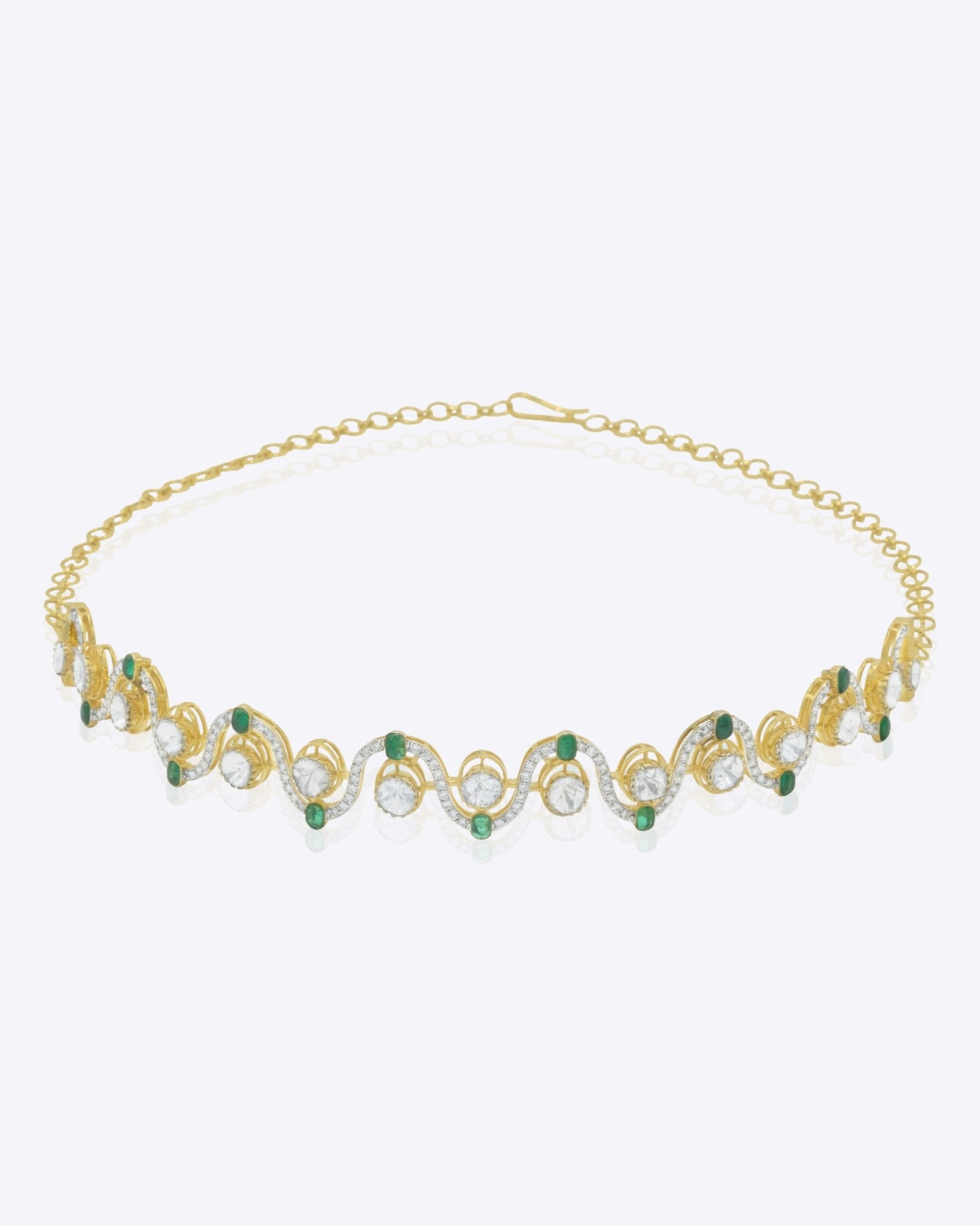 14K gold necklace with Polki set along zigzag curves