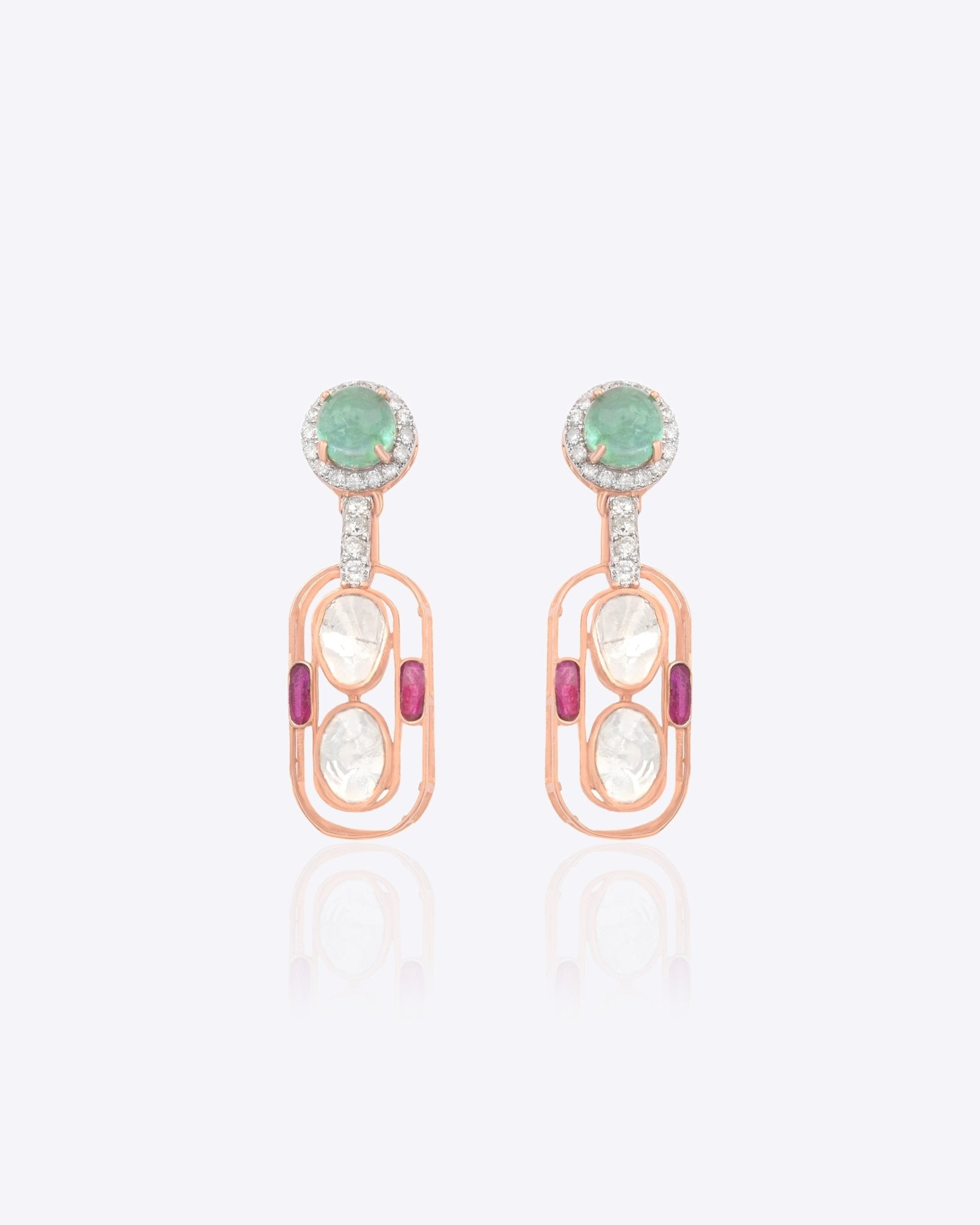 14K gold drop earrings with Polki diamonds and emeralds in a cascading design.