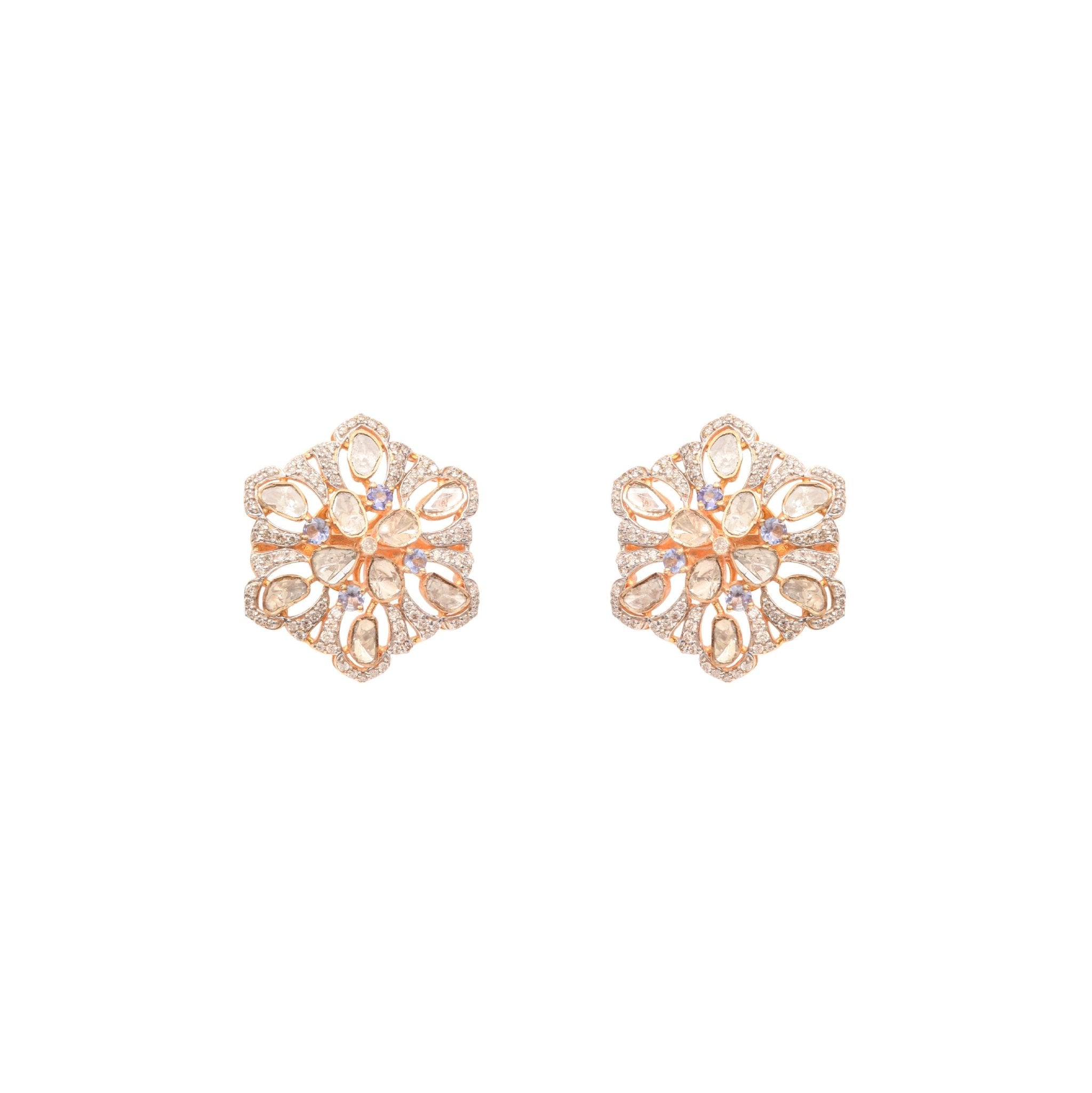 18K gold floral drop earrings with Polki diamonds and purple gemstone accents.