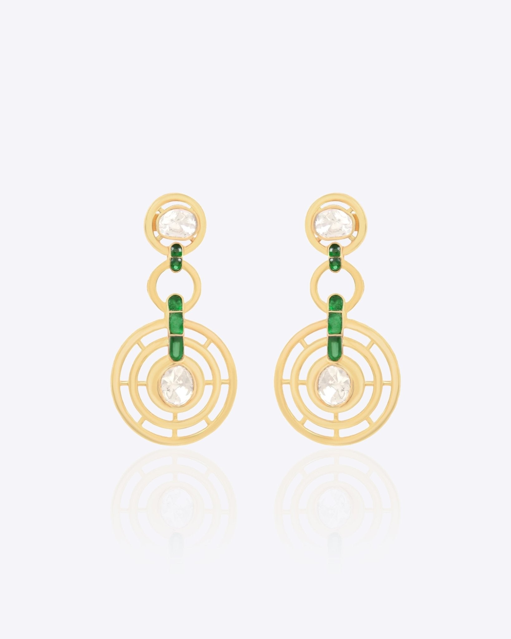 18K gold earrings with a green talaf center framed by Polki diamonds