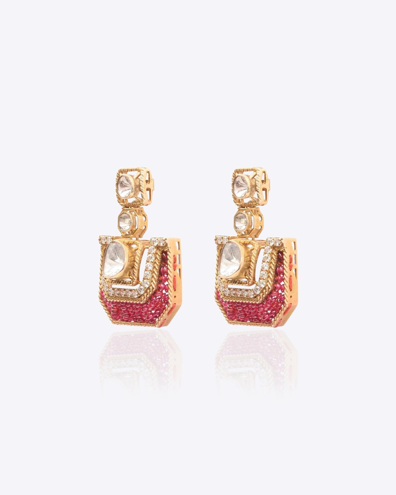 Rosewood Polki Diamond Earrings with scarlet threadwork and structured gold detailing