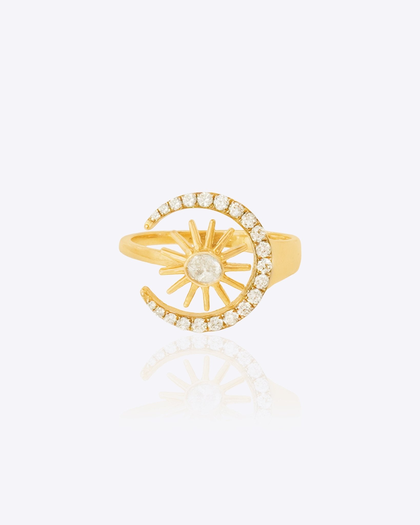 14k gold ring with Polki, diamonds, and sun-moon symbolic design