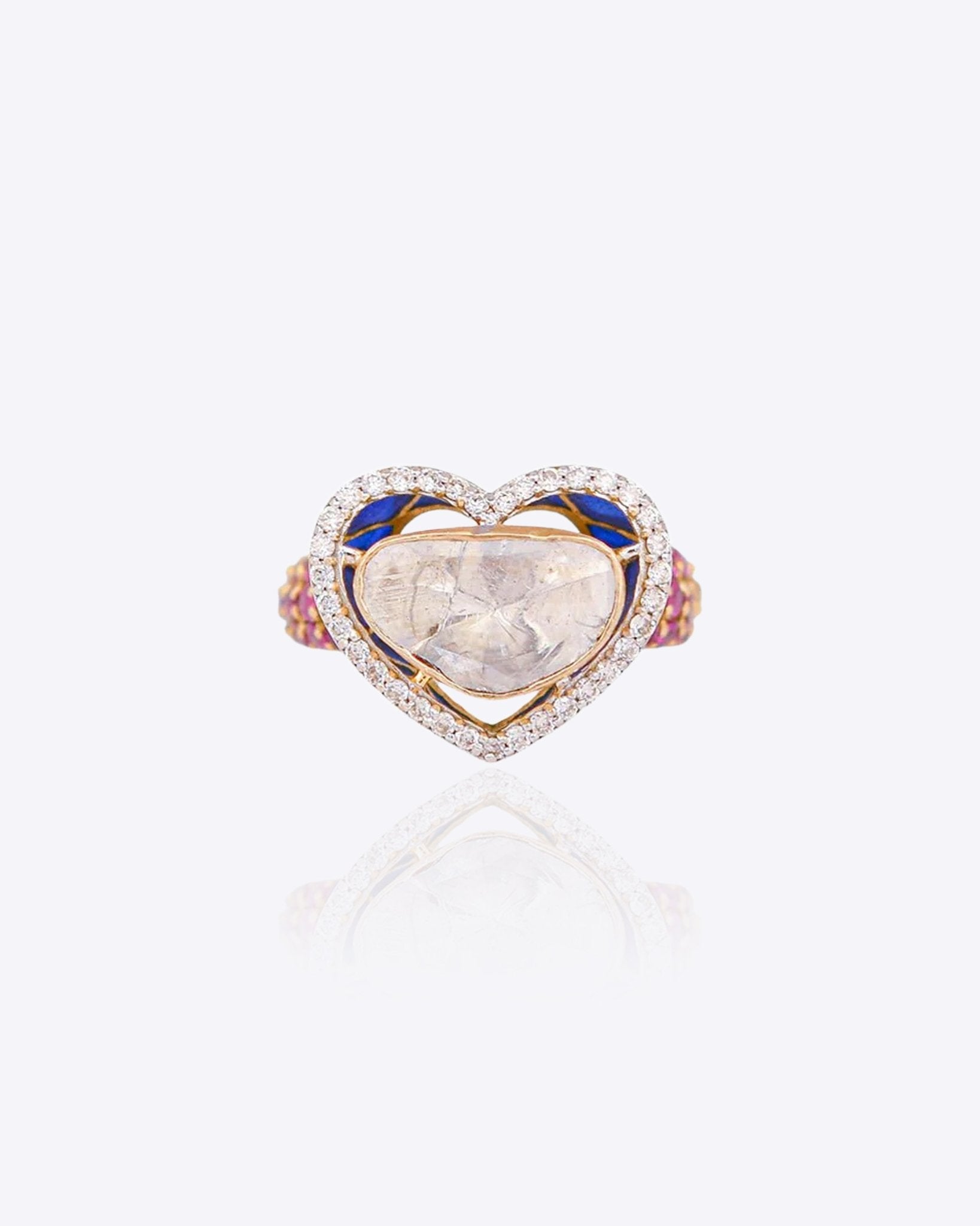 Queens Heart Polki Ring in 18K gold with ruby accents and blue enamel detailing