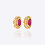 14k gold stud earrings with ruby center and uncut diamond halo