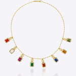 Heritage Hue Necklace in 14K gold with nine rectangular gemstones and Polki diamonds.