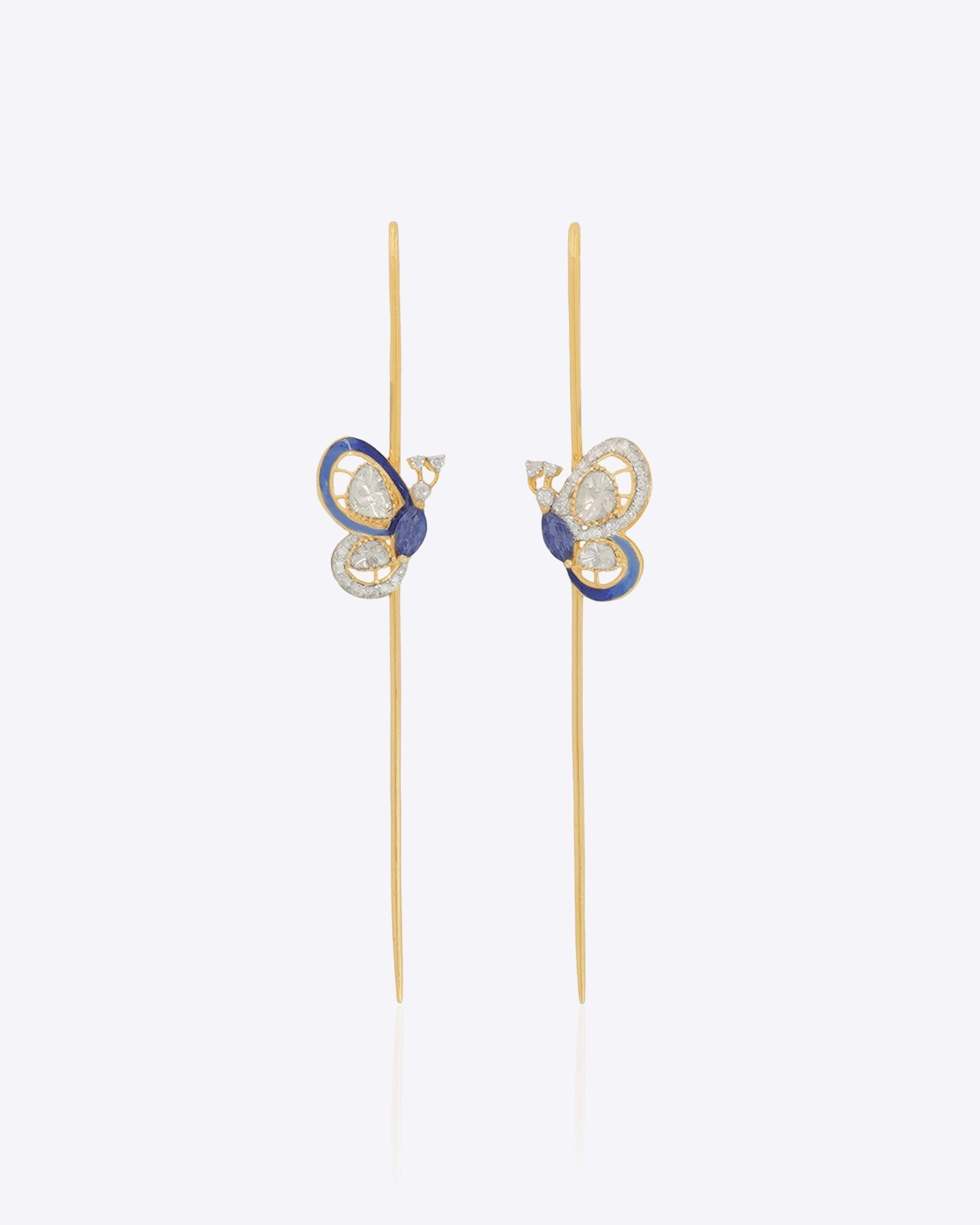 14k gold Mystic Wing earpins with Polki, diamonds, and tanzanite in a butterfly-wing design.