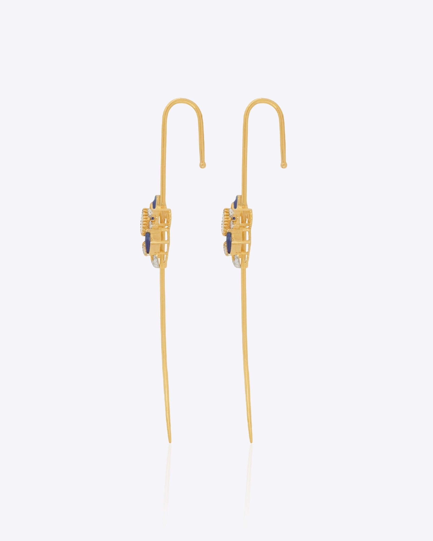 14k gold Mystic Wing earpins with Polki, diamonds, and tanzanite in a butterfly-wing design.