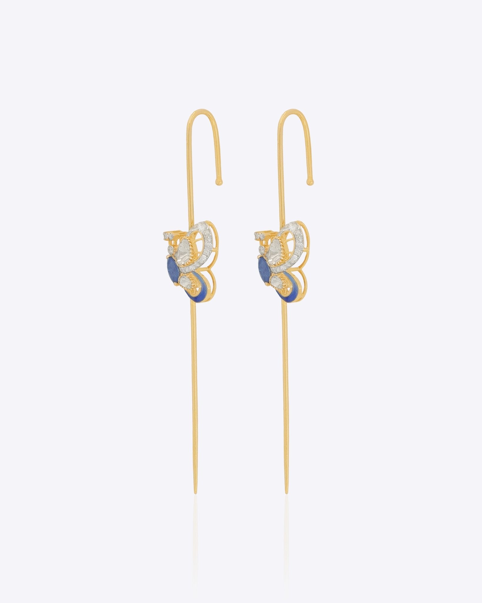 14k gold Mystic Wing earpins with Polki, diamonds, and tanzanite in a butterfly-wing design.