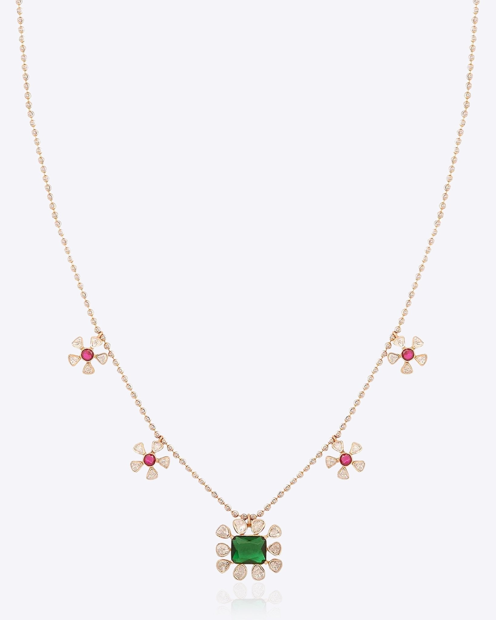 14K gold Polki Stone Floral Necklace with ruby, emerald, and Polki diamond accents.