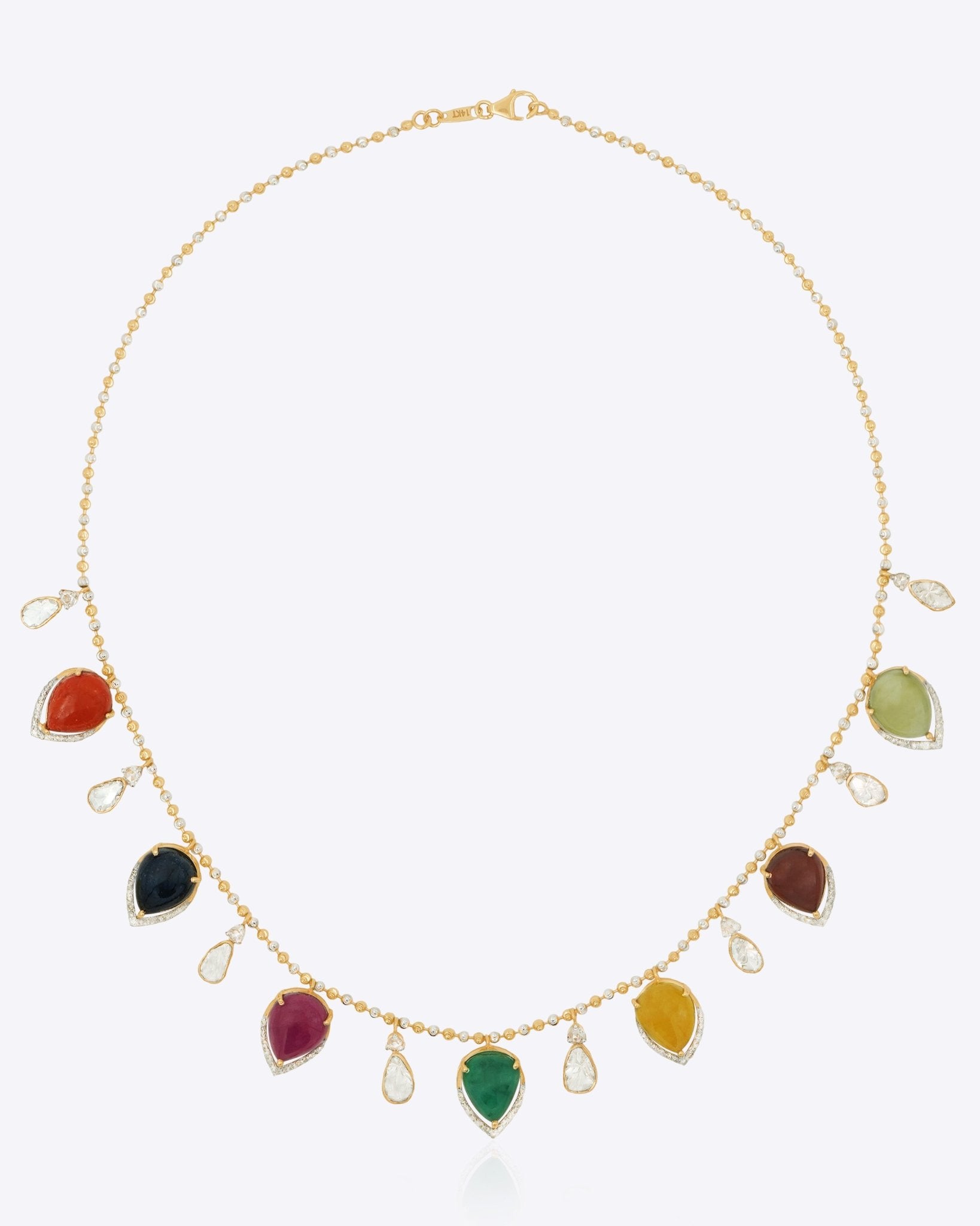 14K gold Navratna Canopy necklace with Polki, diamonds, and navratna stones.