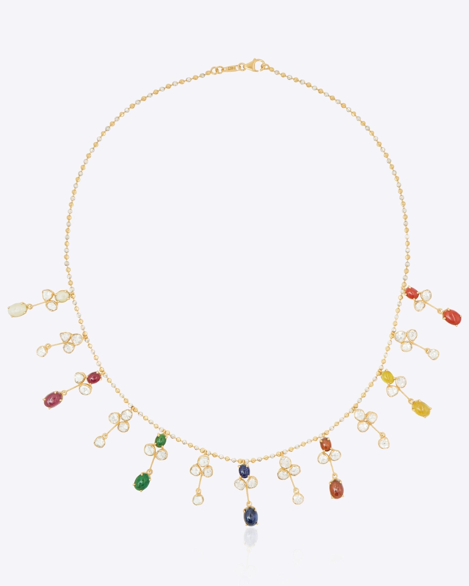 14k gold Navratna Symphony necklace with Polki diamonds and Navratna gems.